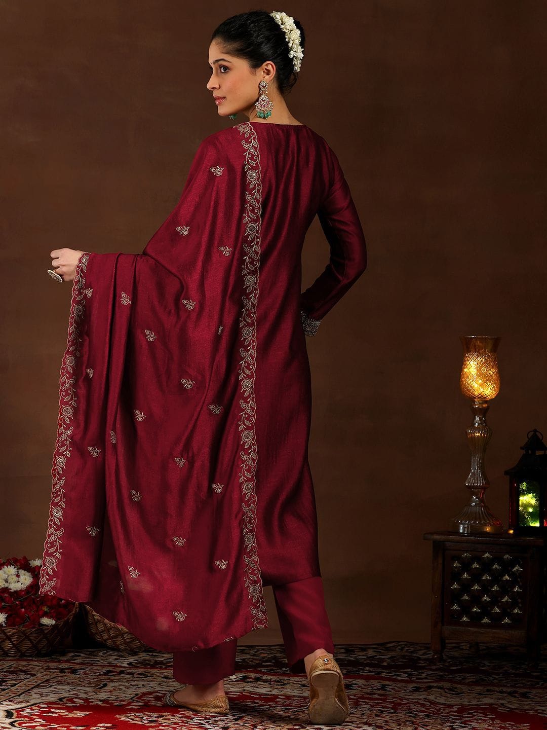 Shop Maroon Pure Vichitra Silk Embroidered Kurta Set Online