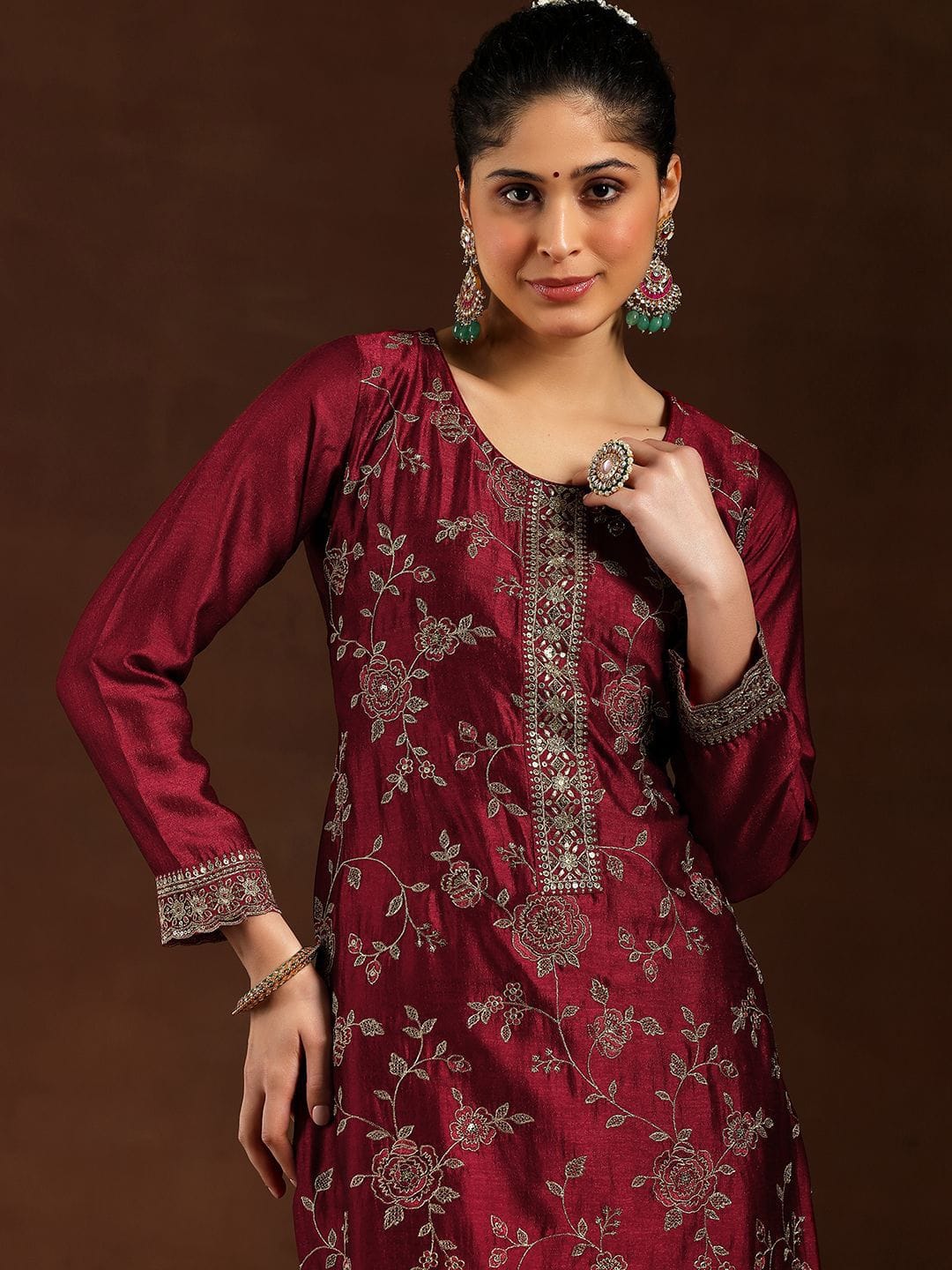 Shop Maroon Pure Vichitra Silk Embroidered Kurta Set Online