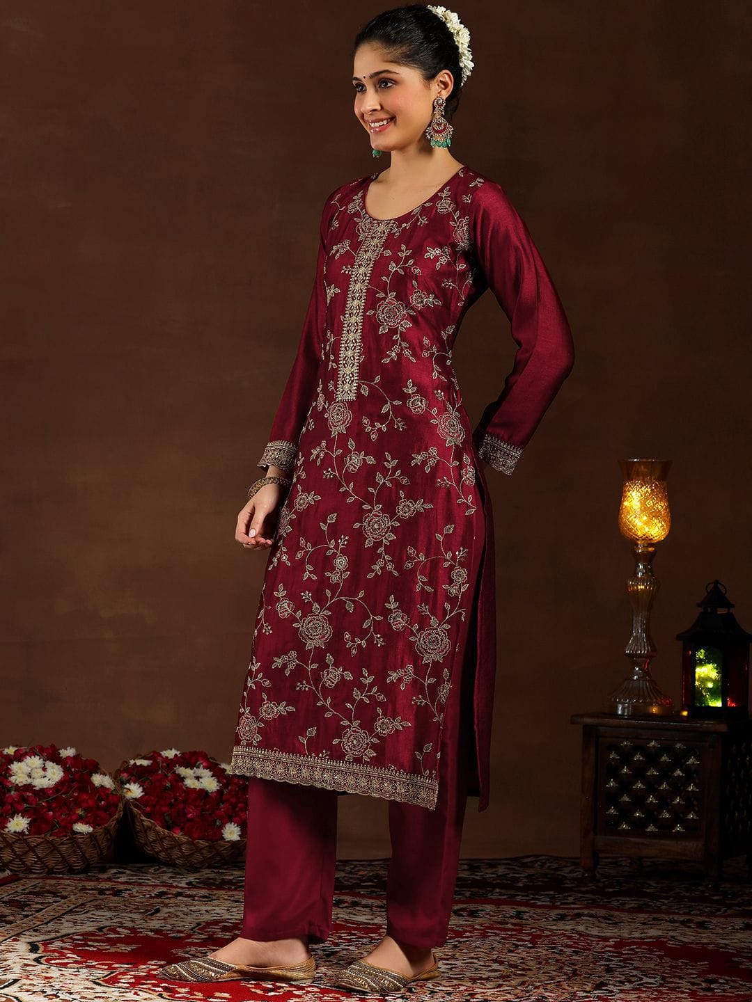 Shop Maroon Pure Vichitra Silk Embroidered Kurta Set Online