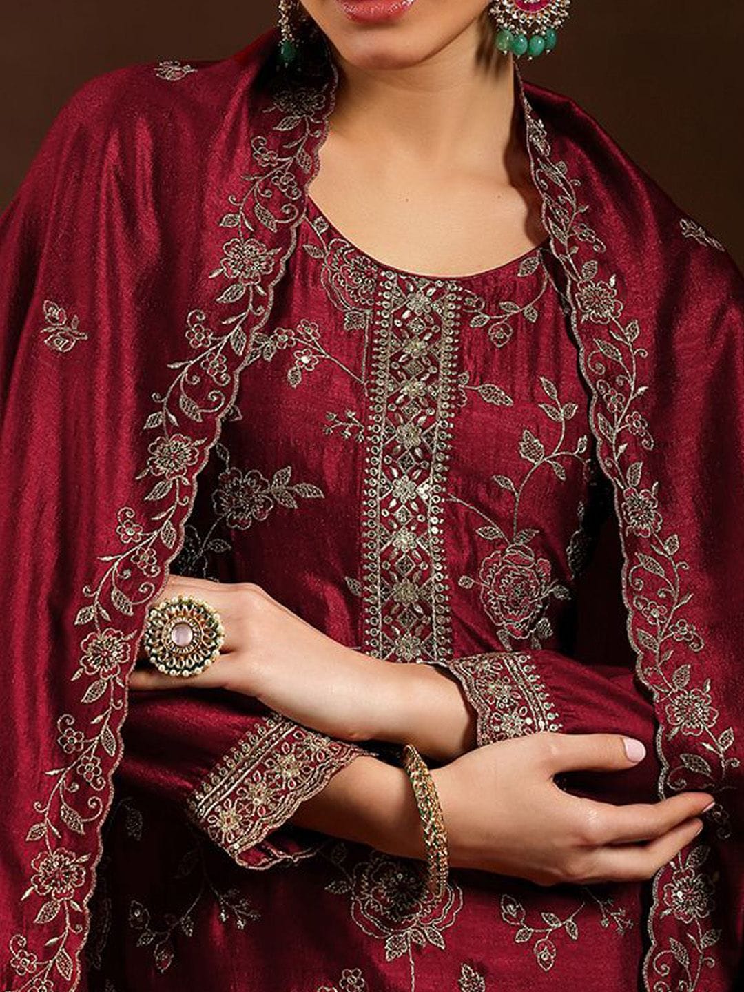 Shop Maroon Pure Vichitra Silk Embroidered Kurta Set Online