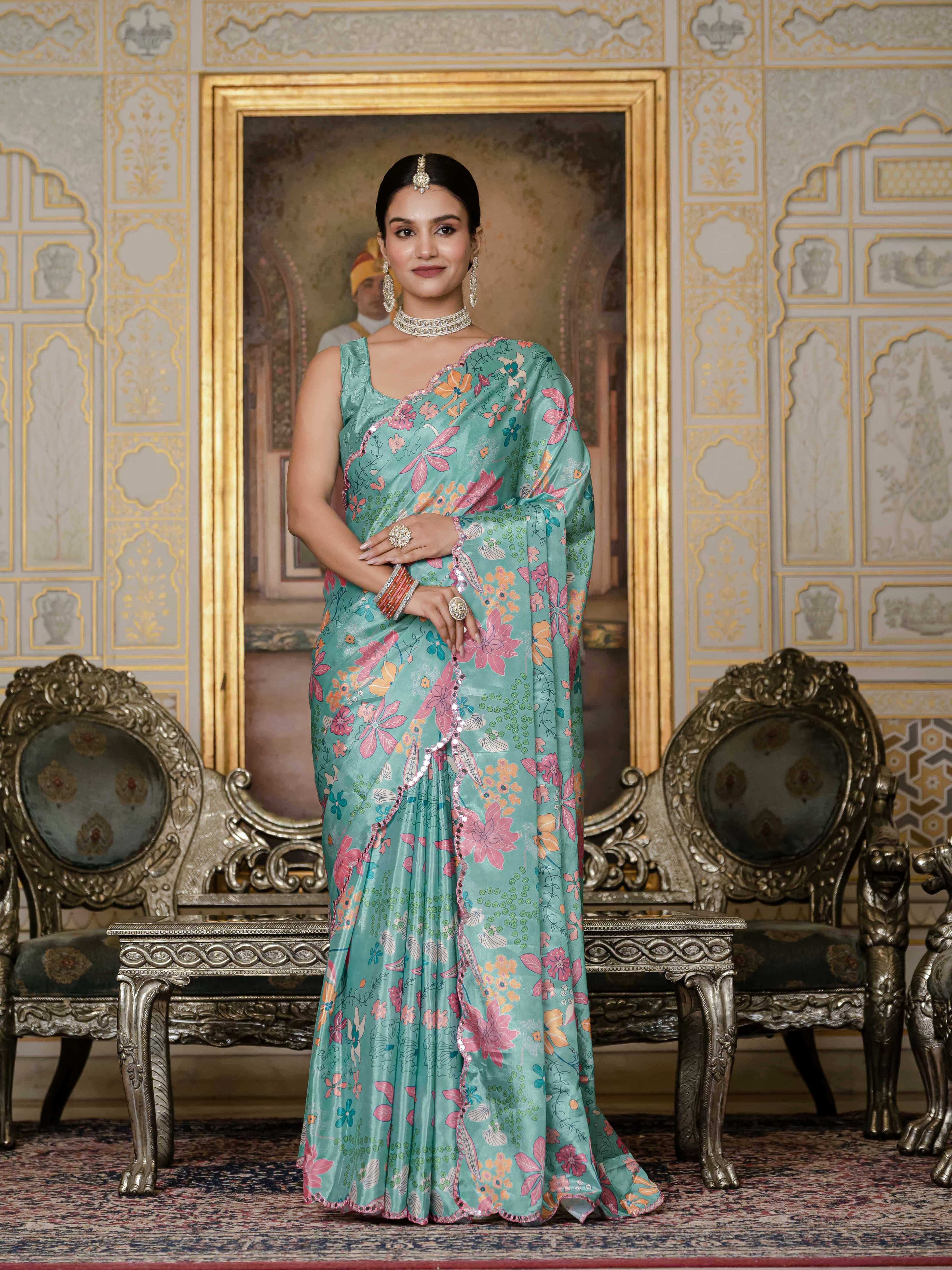 Turquoise Floral Heavy Chinnon Ready to Wear Saree