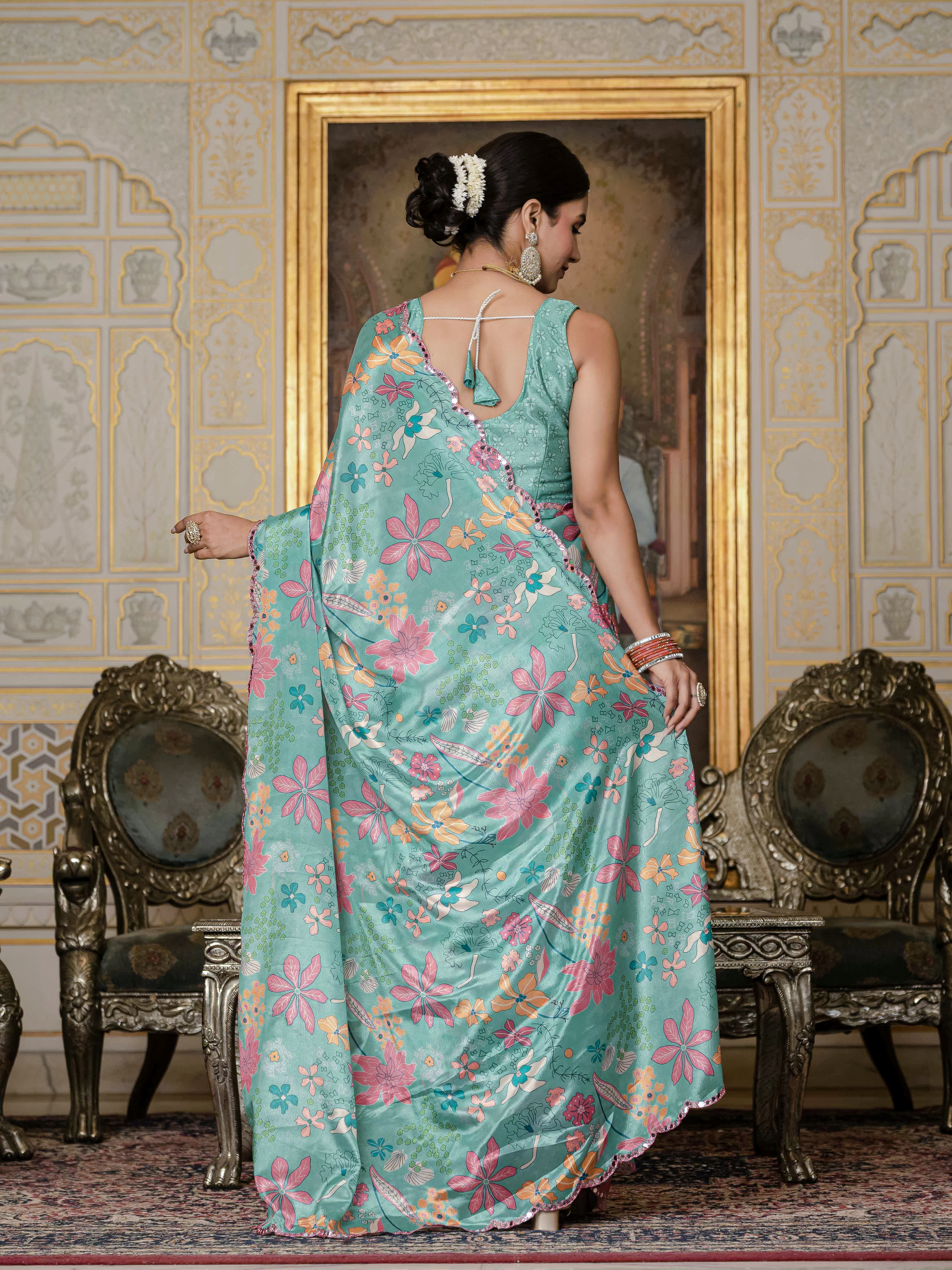 Turquoise Floral Heavy Chinnon Ready to Wear Saree