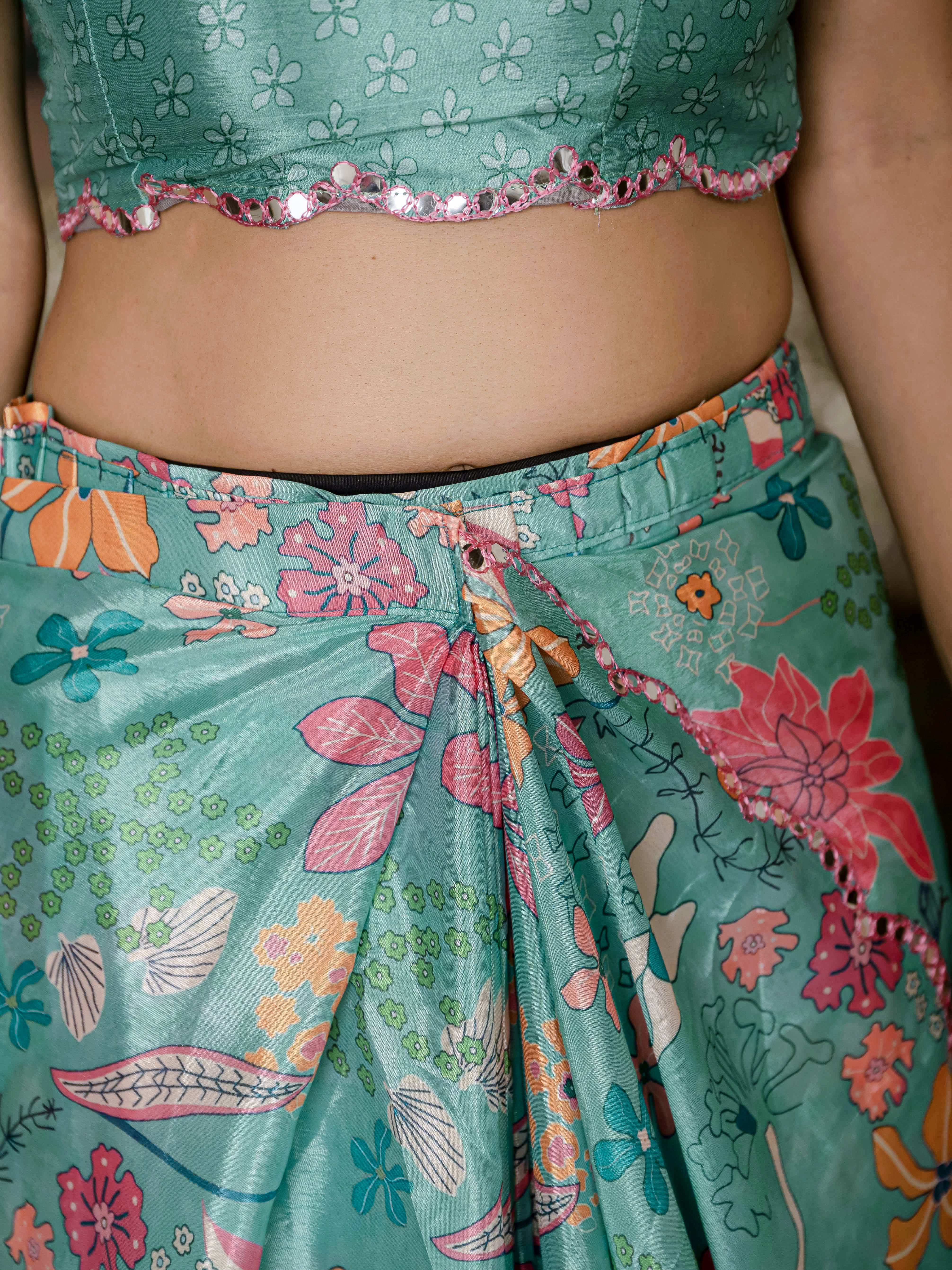 Turquoise Floral Heavy Chinnon Ready to Wear Saree