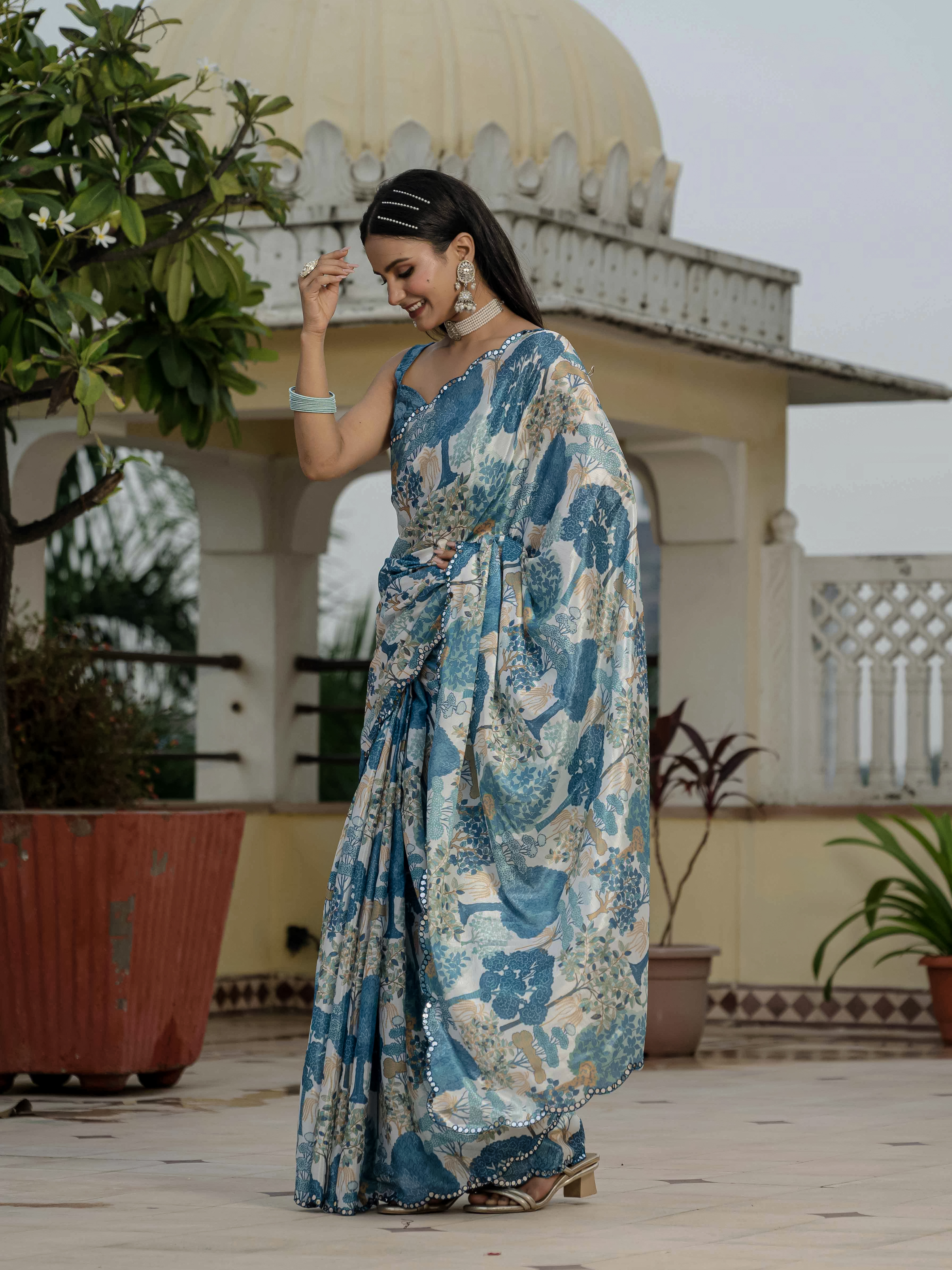 Floral Chinnon Ready to Wear Saree with Mirror Lace