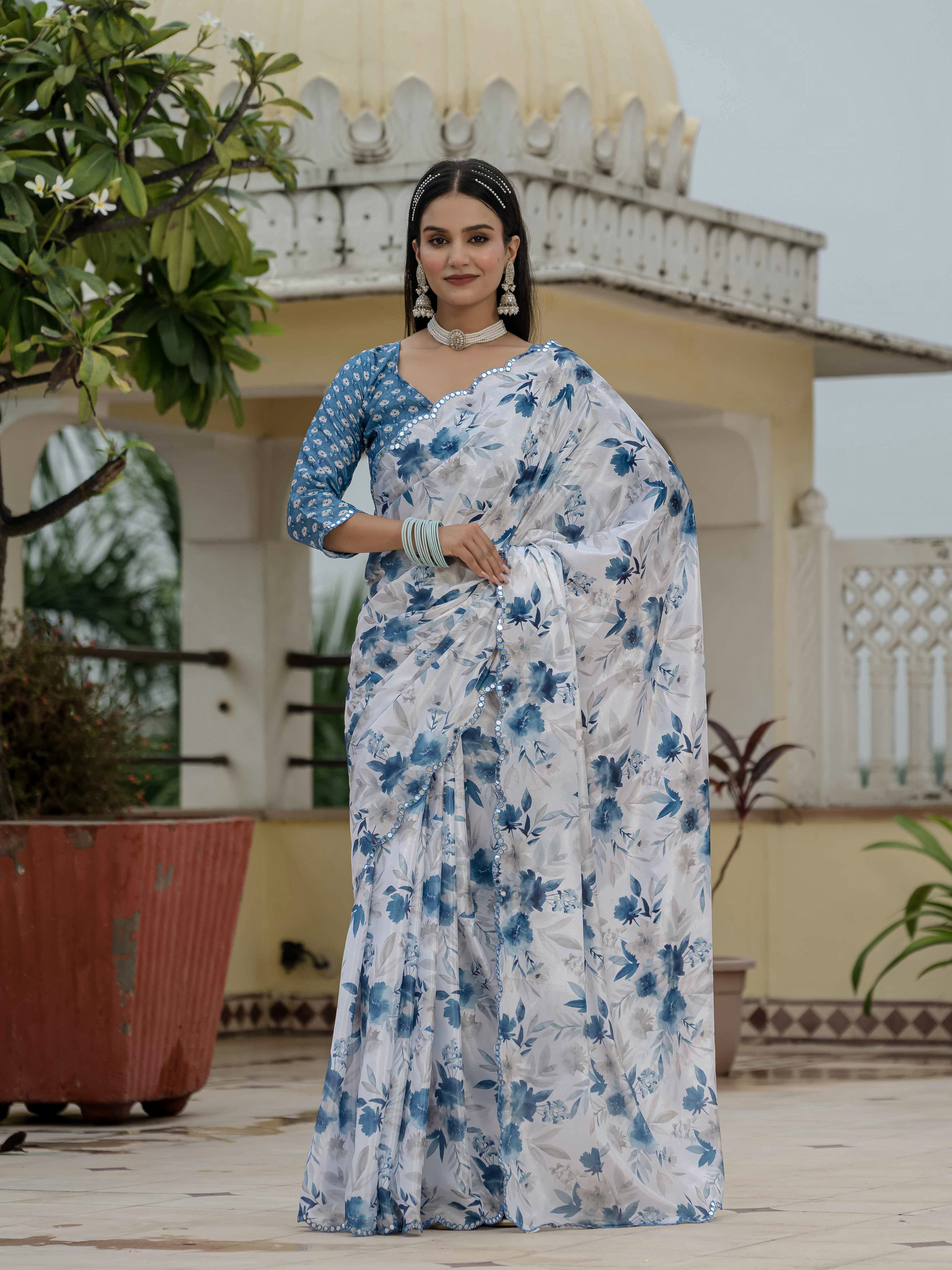 White Blue Floral Chinnon Ready to Wear Saree