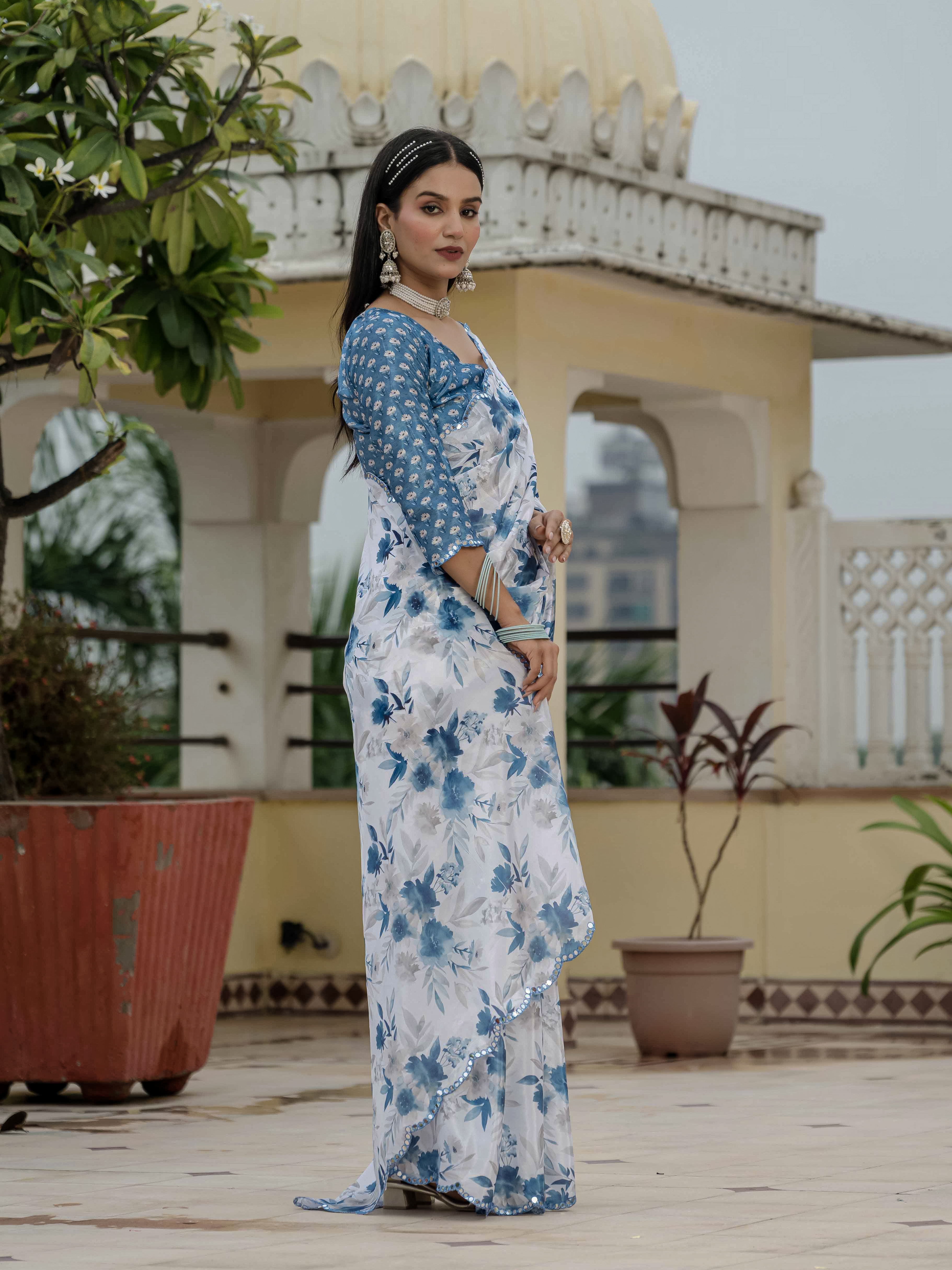 White Blue Floral Chinnon Ready to Wear Saree