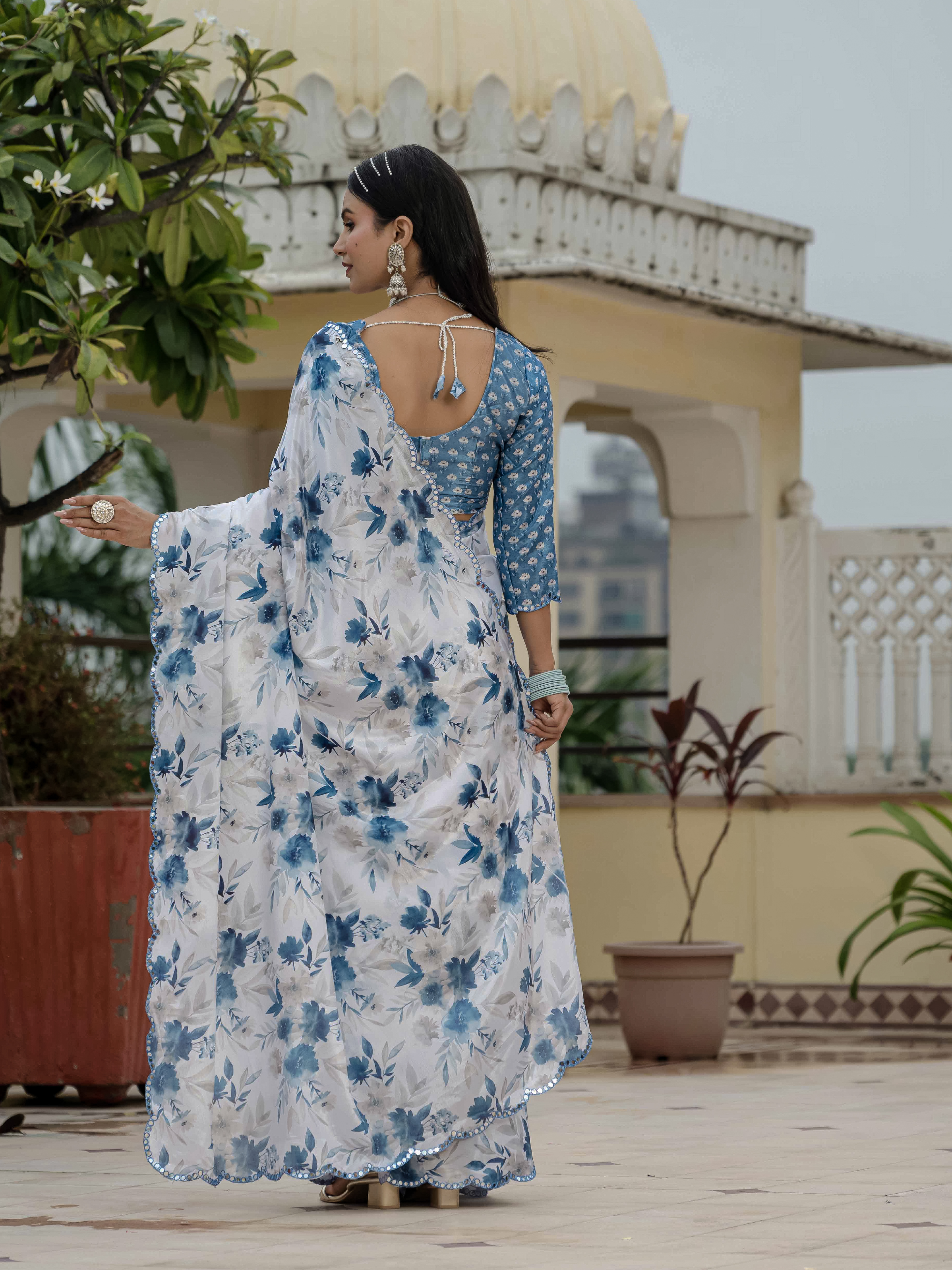White Blue Floral Chinnon Ready to Wear Saree