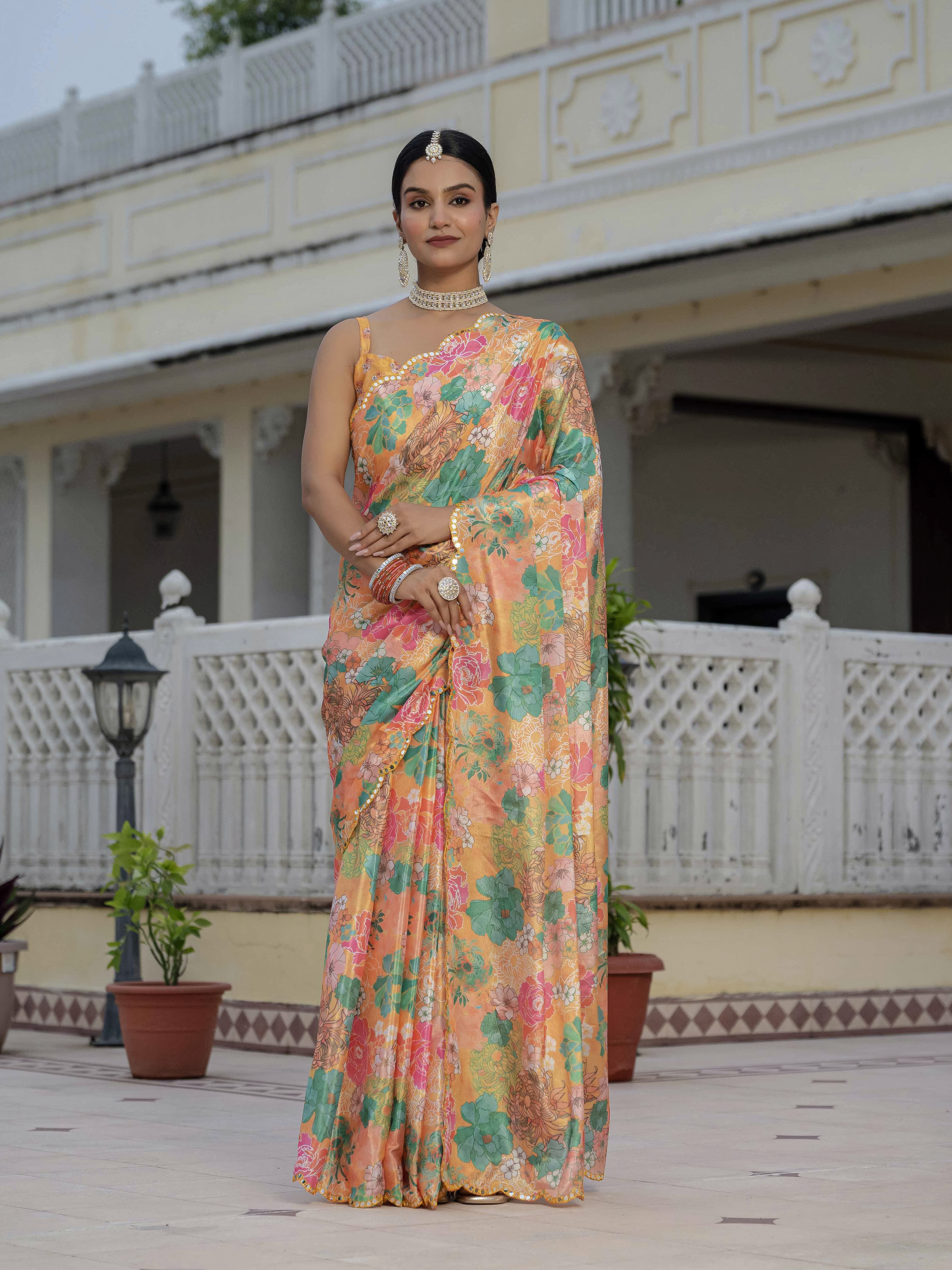 Peach Floral Heavy Chinnon Ready to Wear Saree