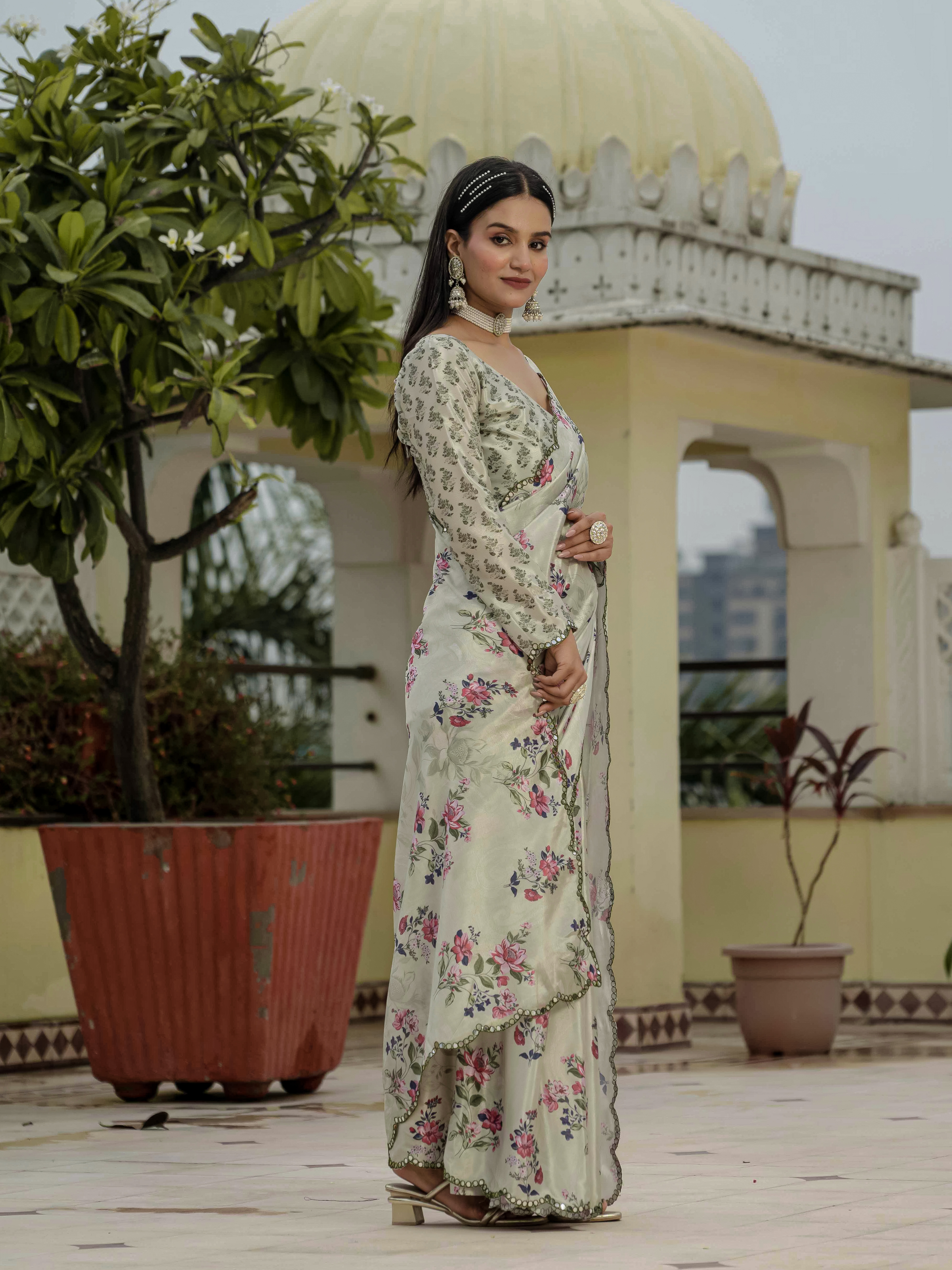 Pastel Green Floral Heavy Chinnon Ready to Wear Saree