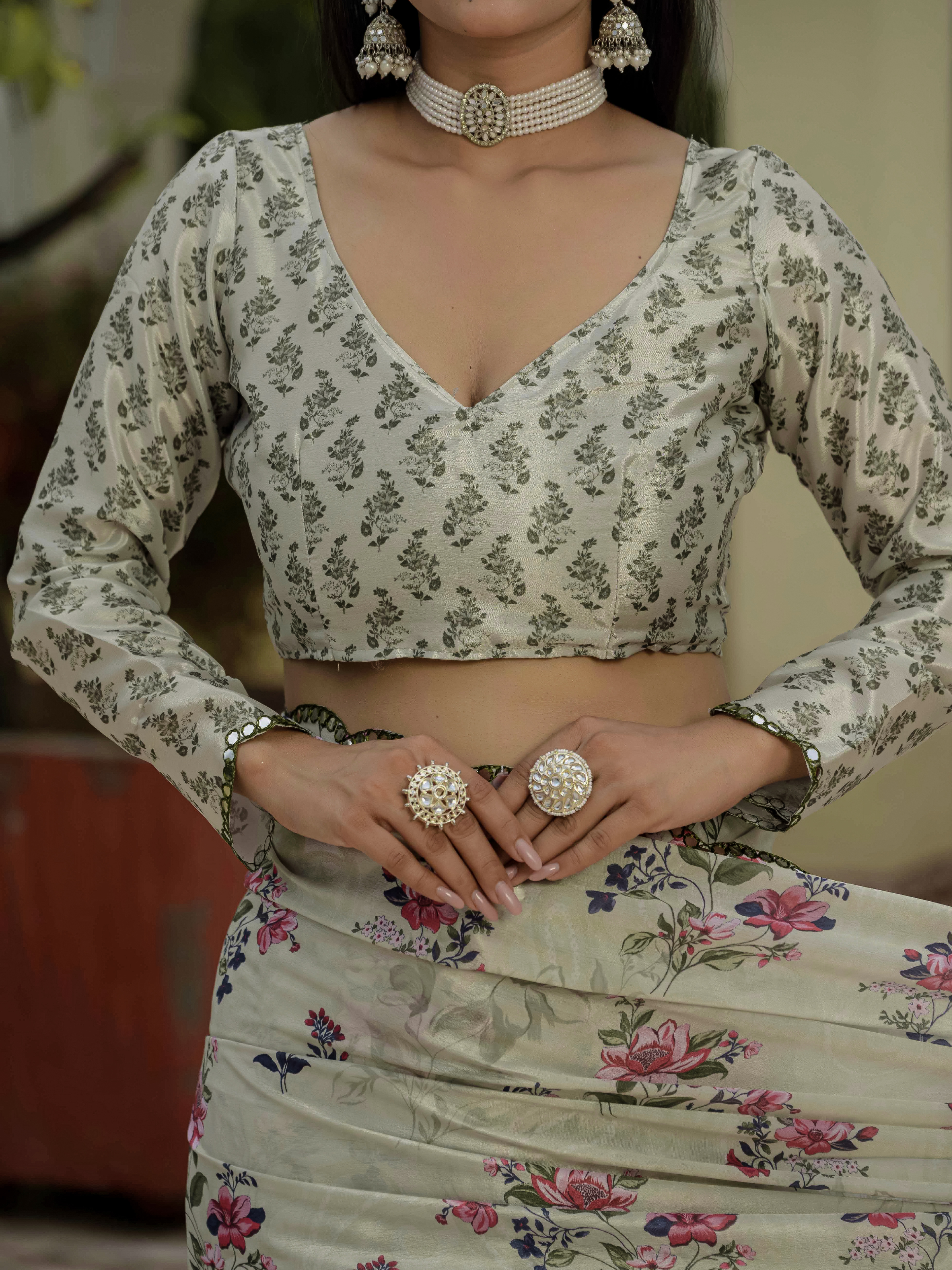 Pastel Green Floral Heavy Chinnon Ready to Wear Saree