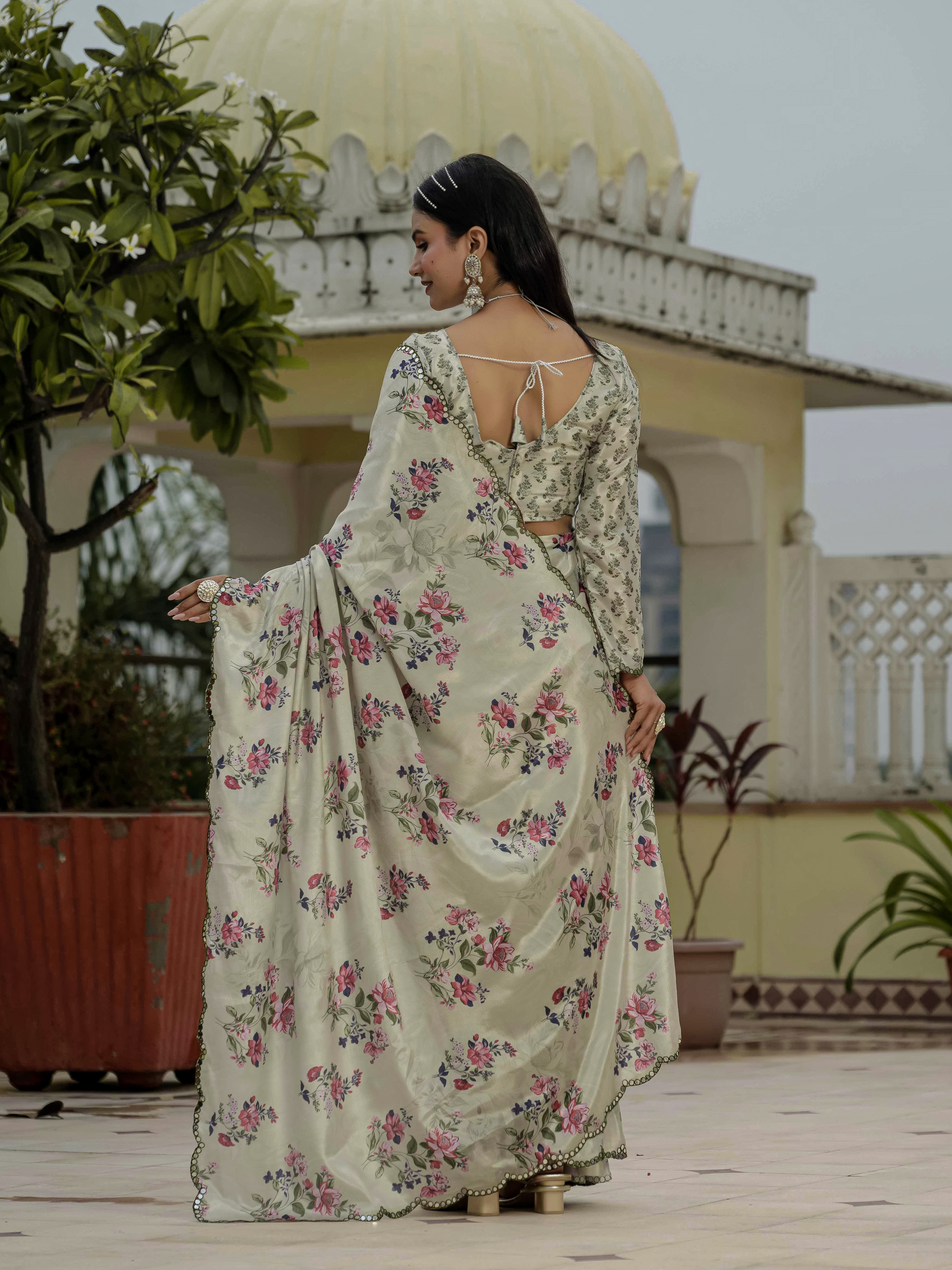 Pastel Green Floral Heavy Chinnon Ready to Wear Saree