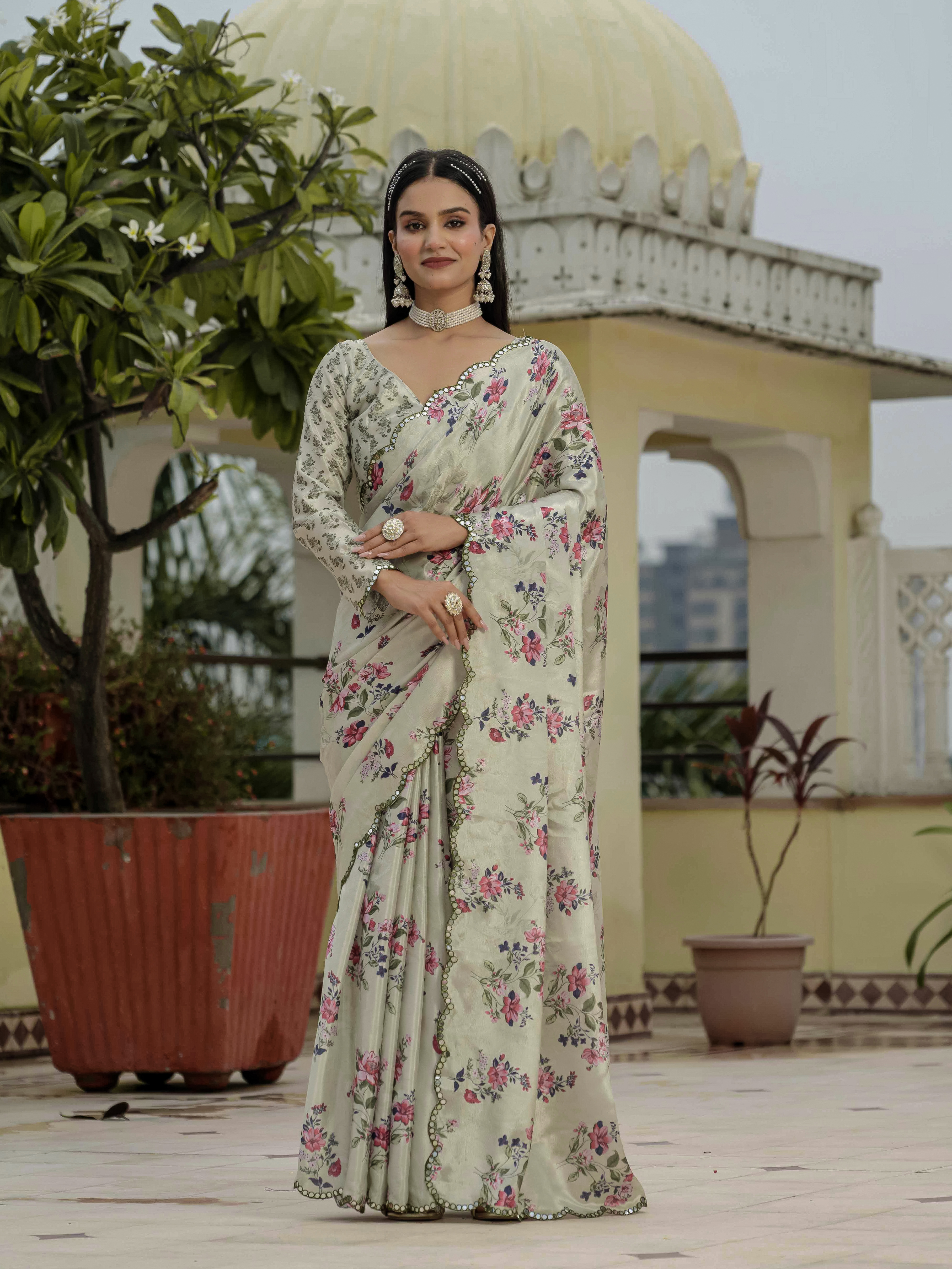 Pastel Green Floral Heavy Chinnon Ready to Wear Saree