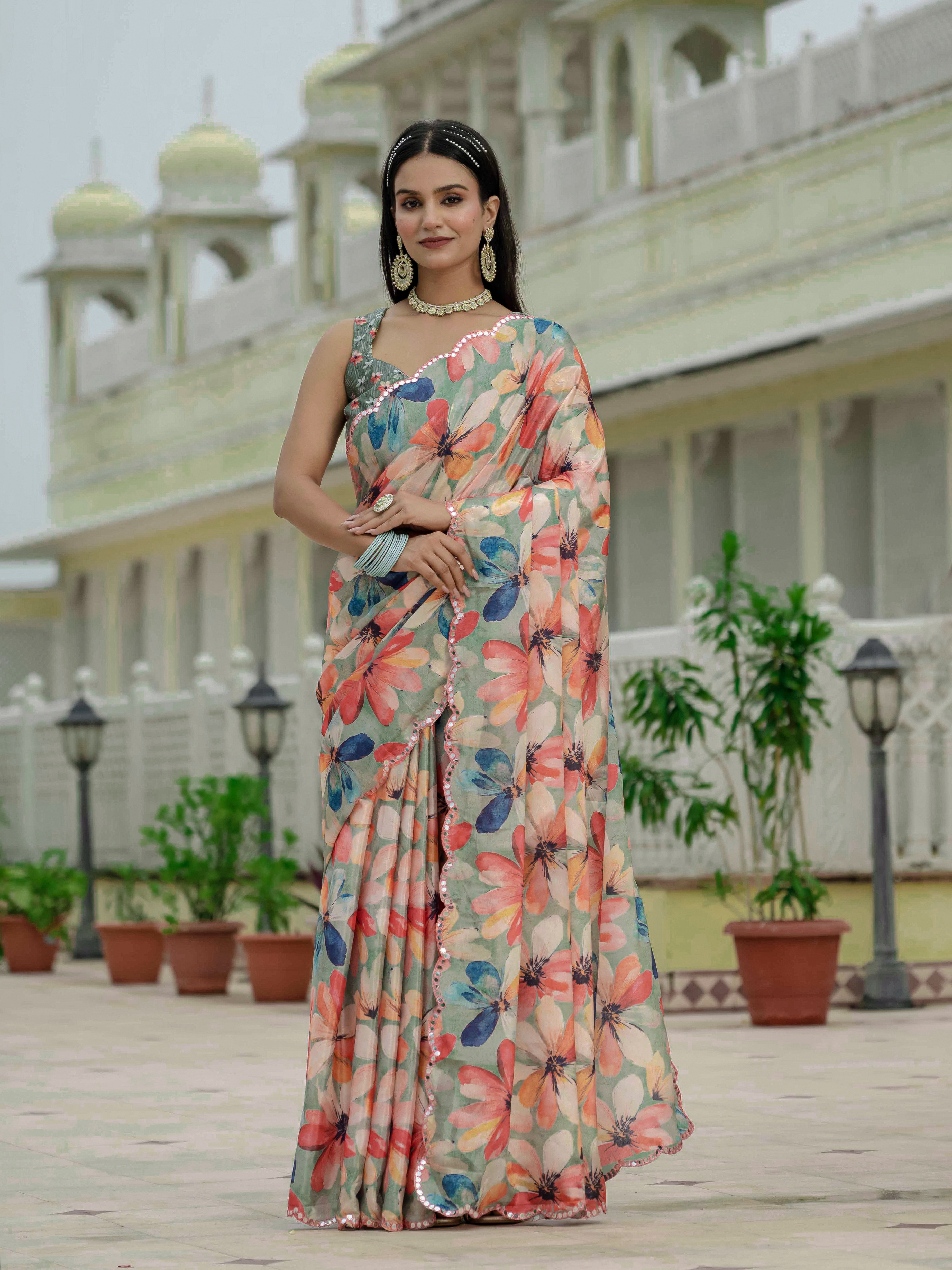 Sage Green Floral Heavy Chinnon Ready to Wear Saree