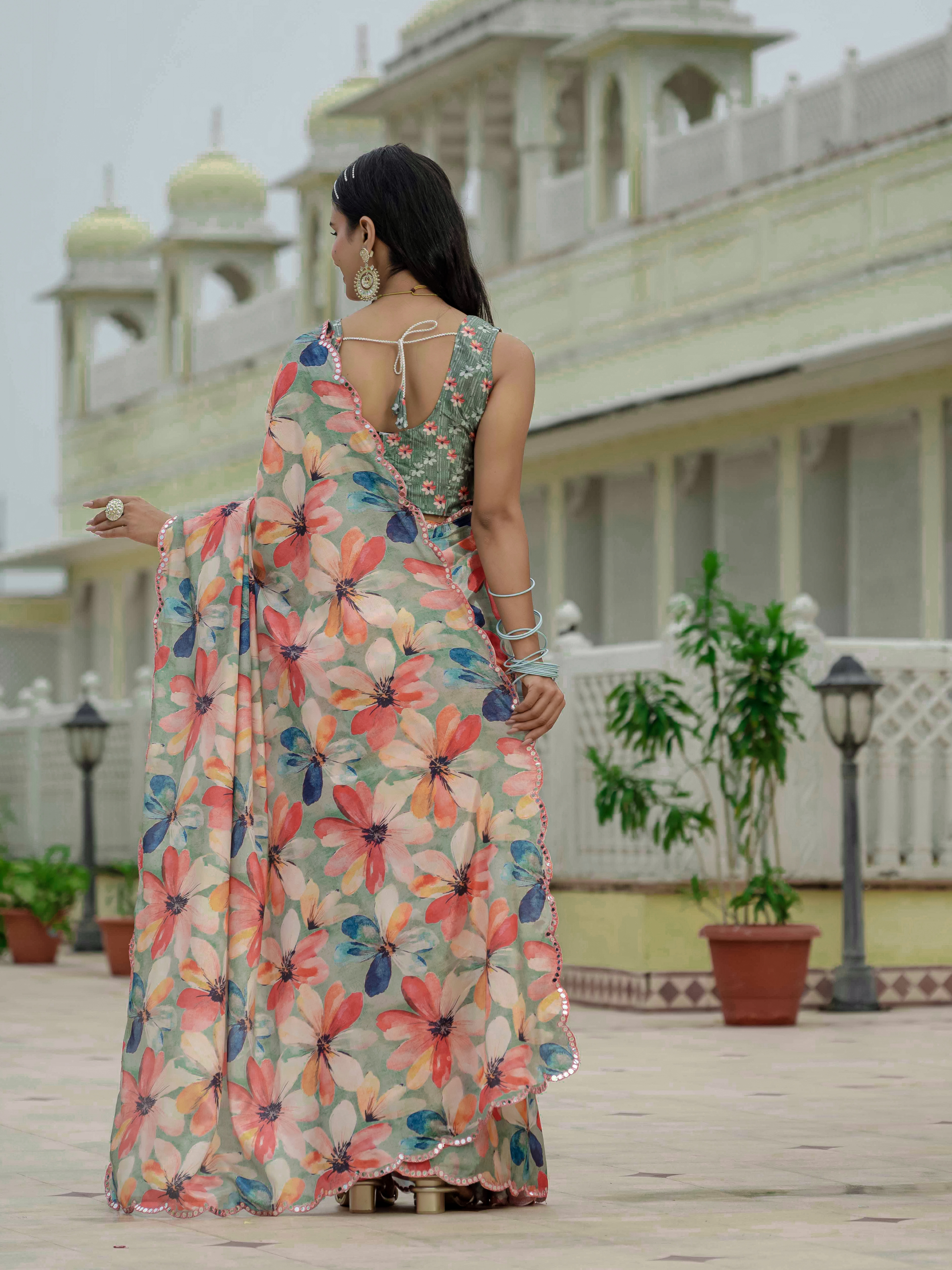 Sage Green Floral Heavy Chinnon Ready to Wear Saree