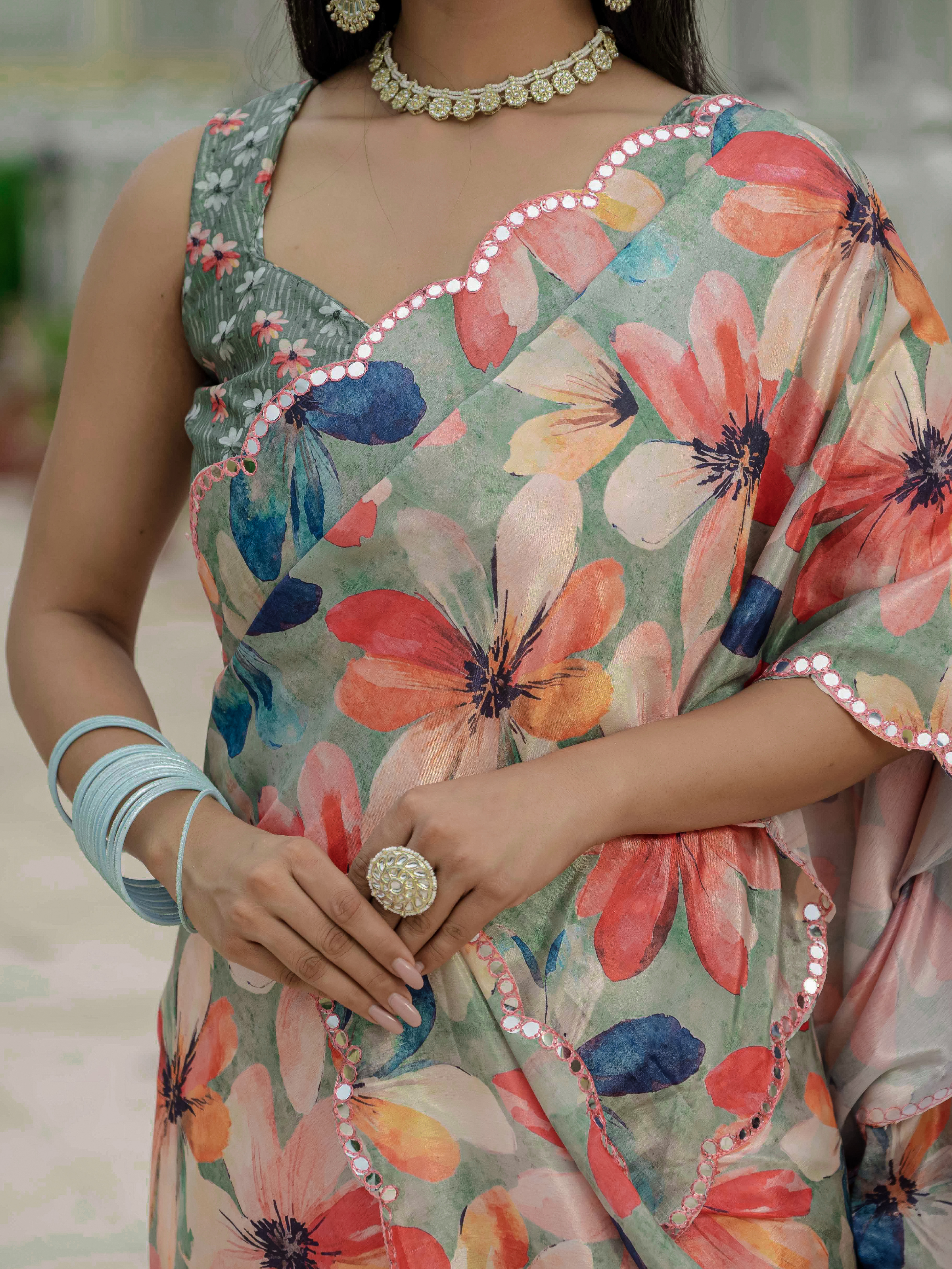 Sage Green Floral Heavy Chinnon Ready to Wear Saree