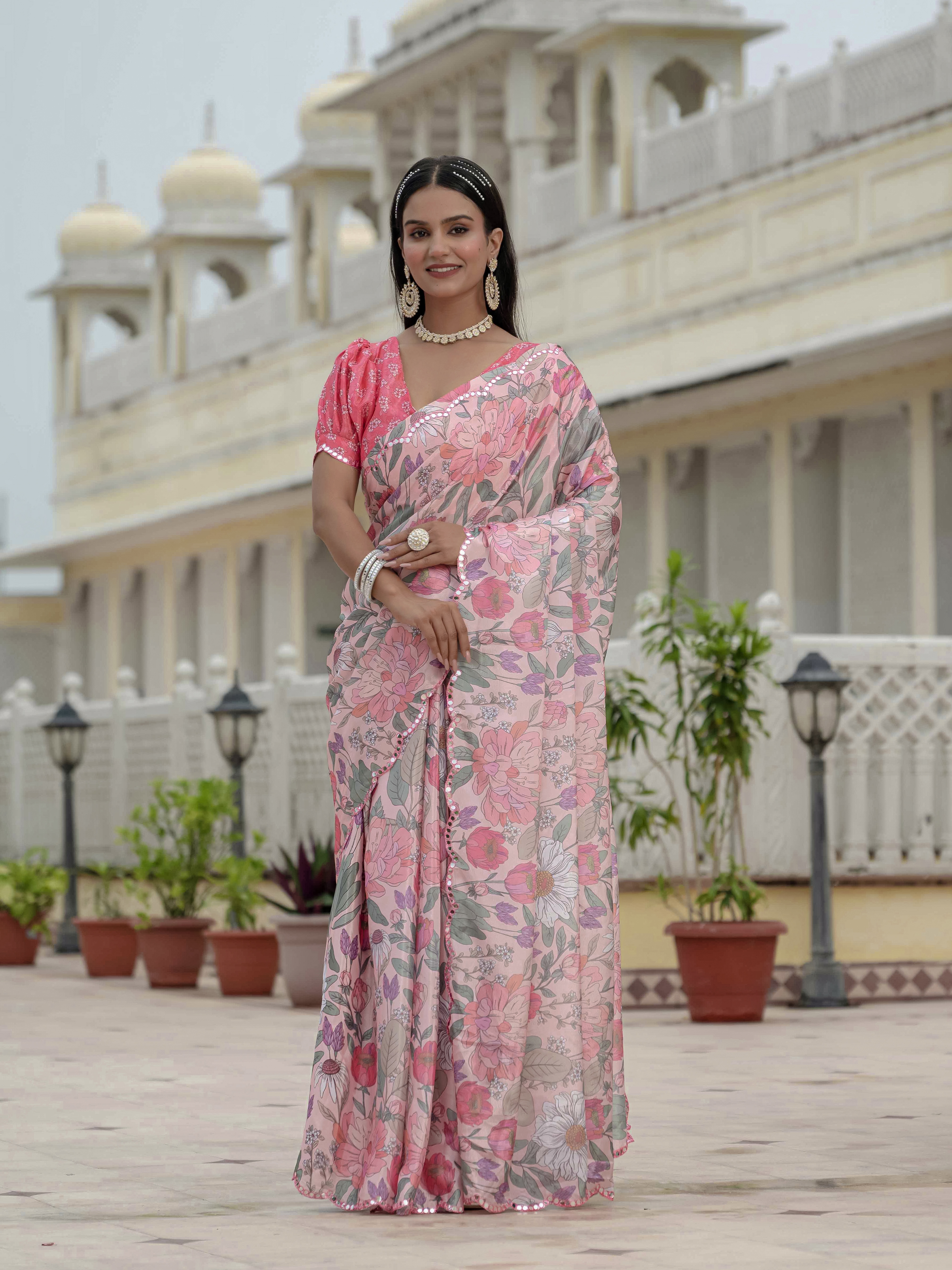 Blush Pink Floral Heavy Chinnon Ready to Wear Saree
