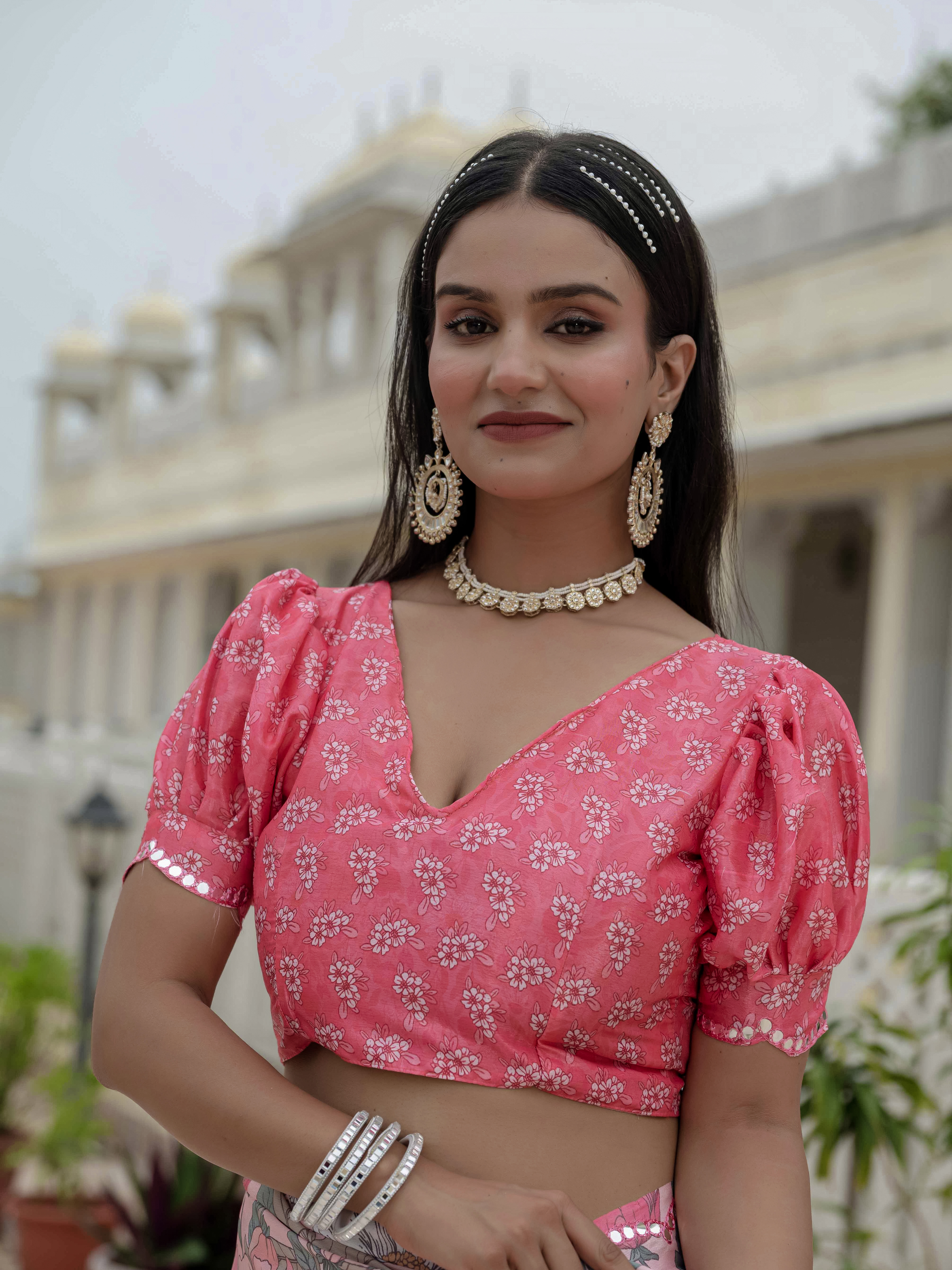 Blush Pink Floral Heavy Chinnon Ready to Wear Saree
