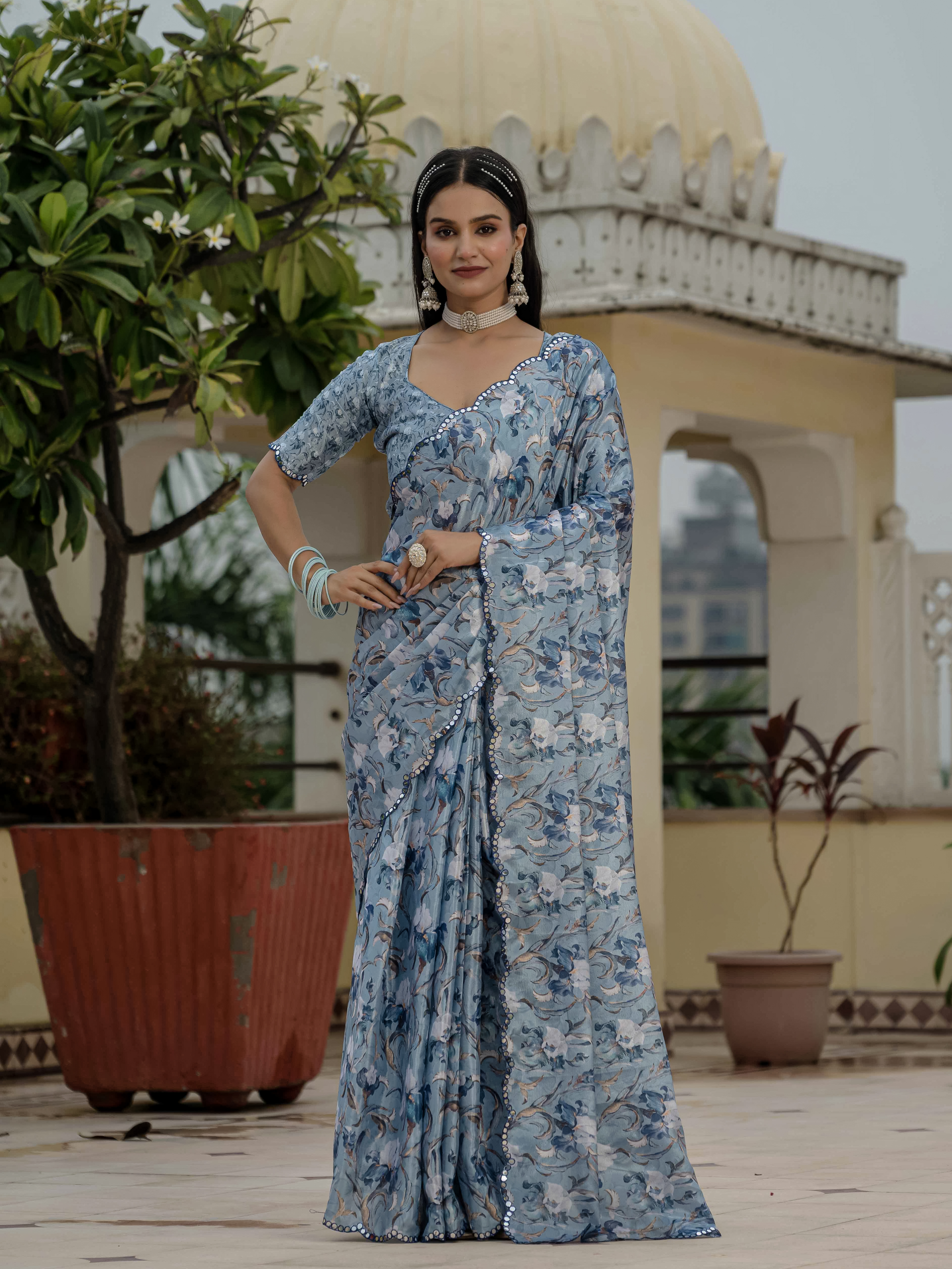 Powder Blue Floral Heavy Chinnon Ready to Wear Saree