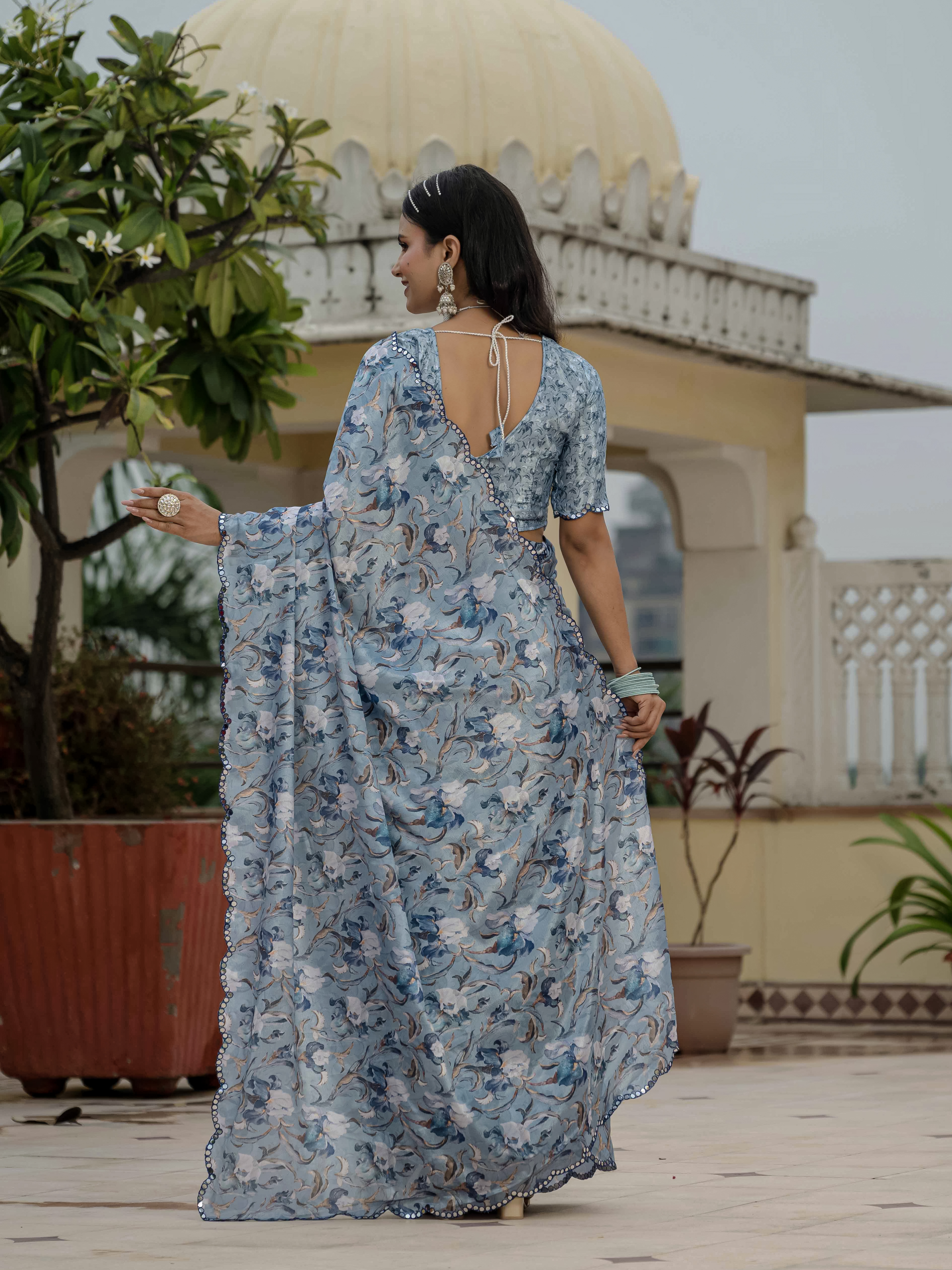 Powder Blue Floral Heavy Chinnon Ready to Wear Saree
