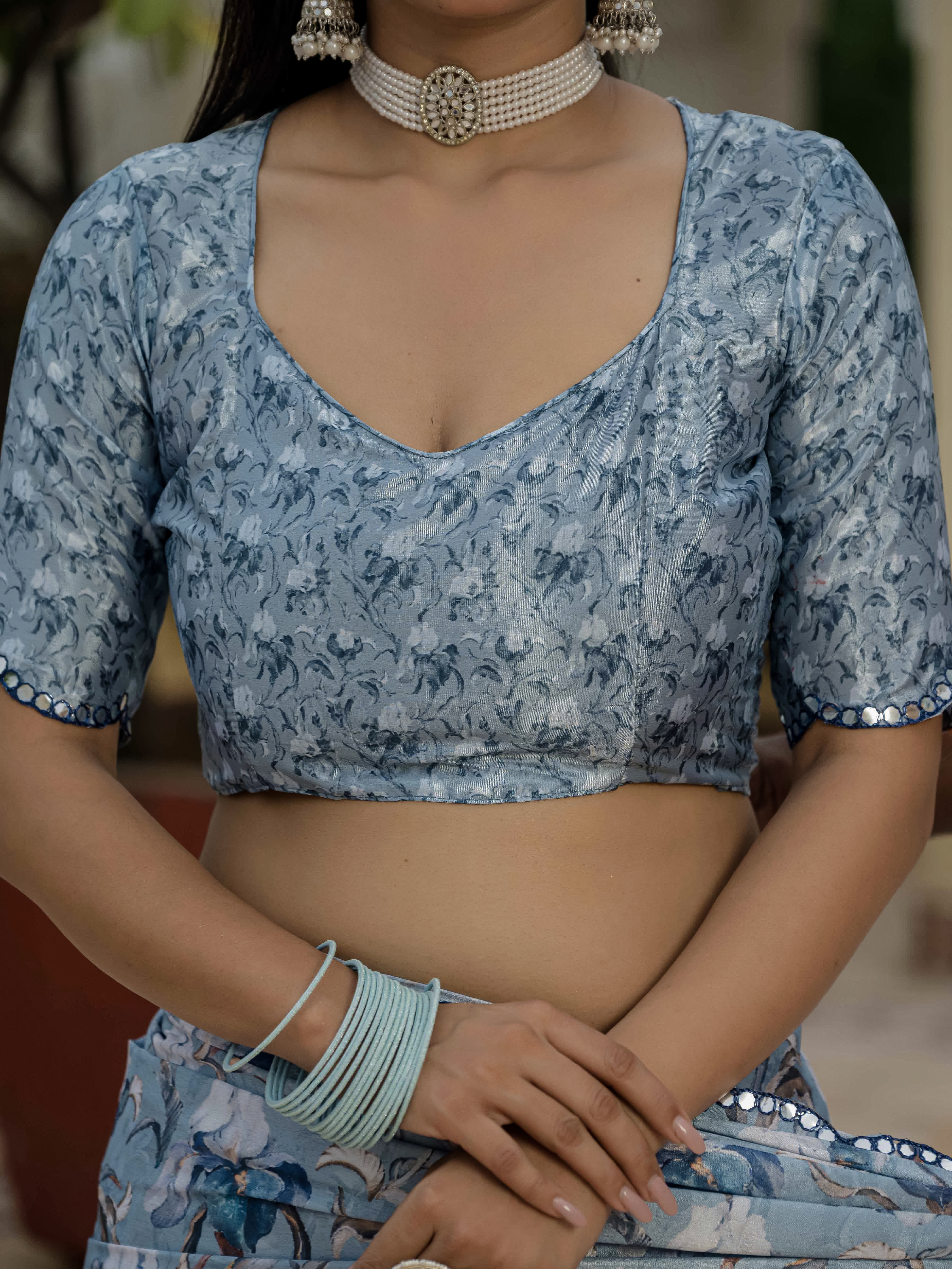 Powder Blue Floral Heavy Chinnon Ready to Wear Saree