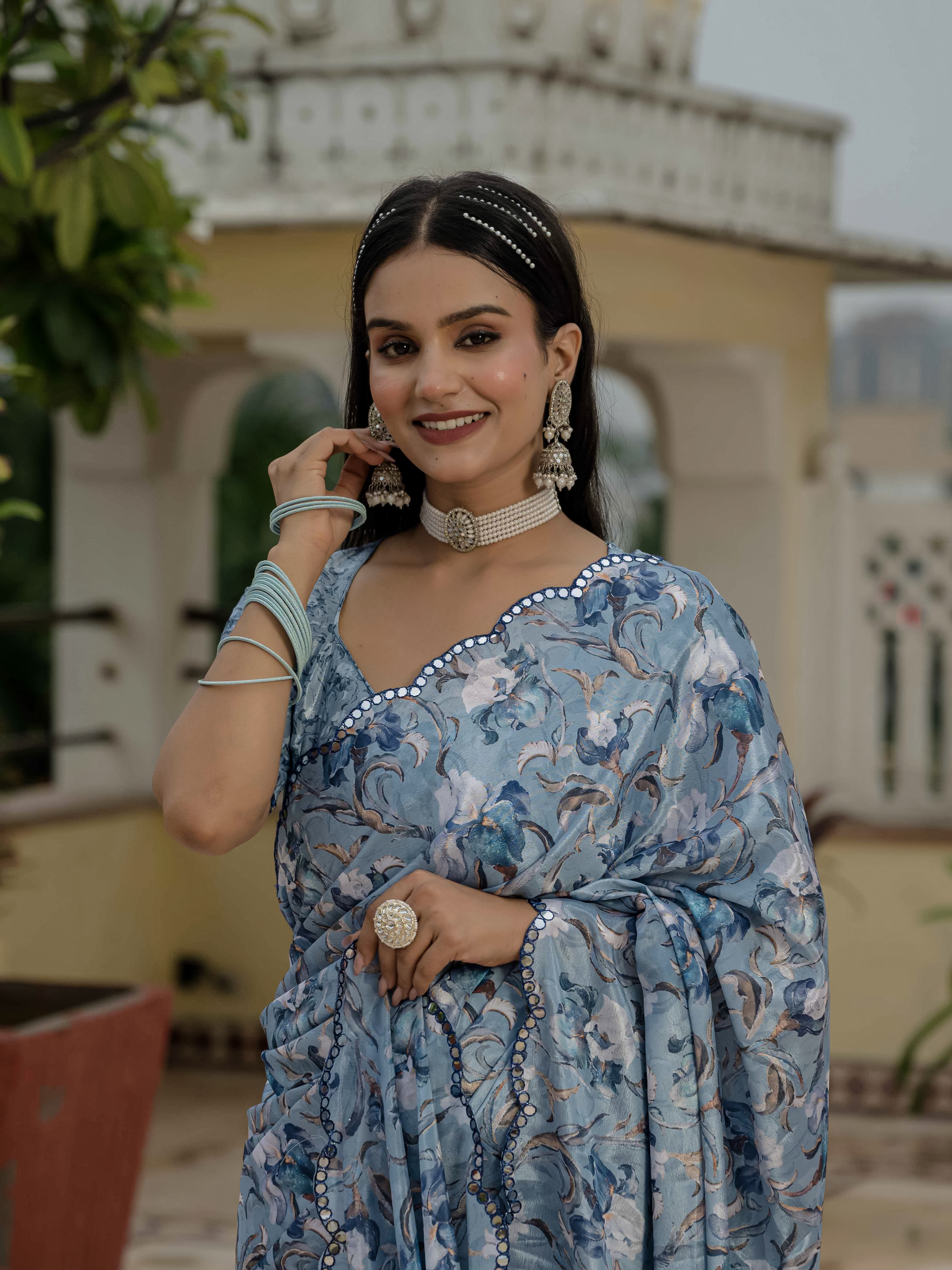 Powder Blue Floral Heavy Chinnon Ready to Wear Saree
