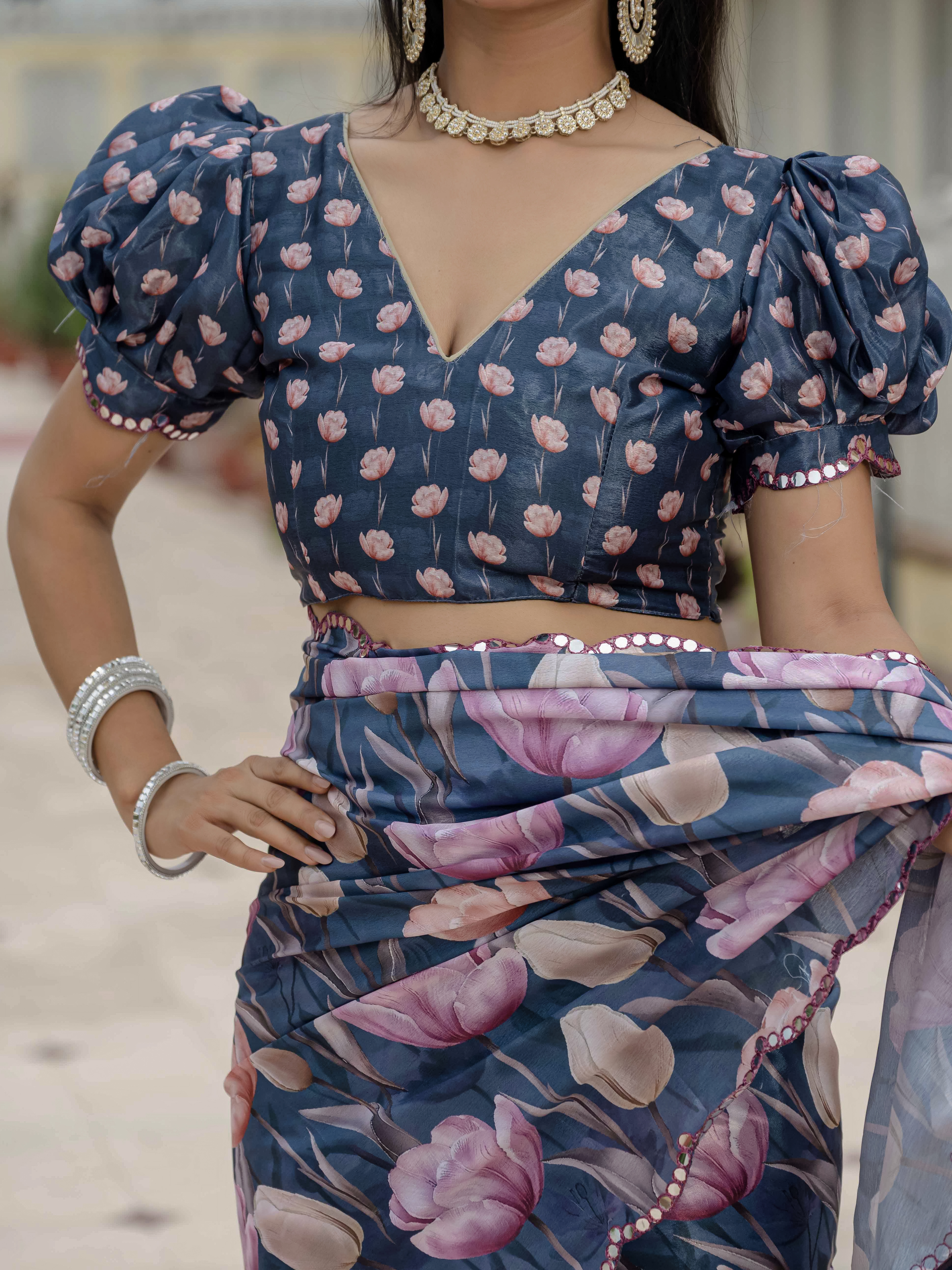 Midnight Blue Floral Heavy Chinnon Ready to Wear Saree