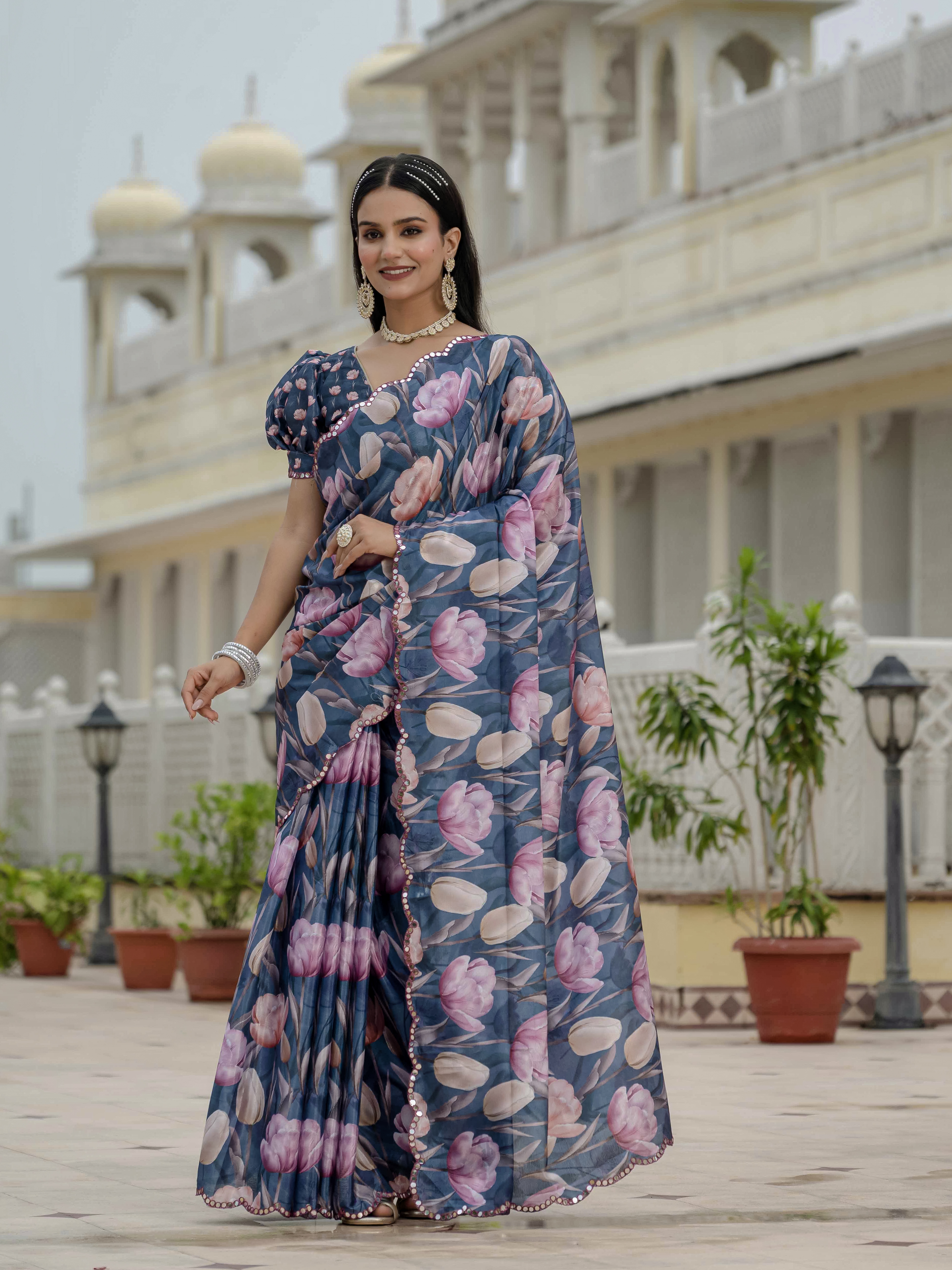Midnight Blue Floral Heavy Chinnon Ready to Wear Saree