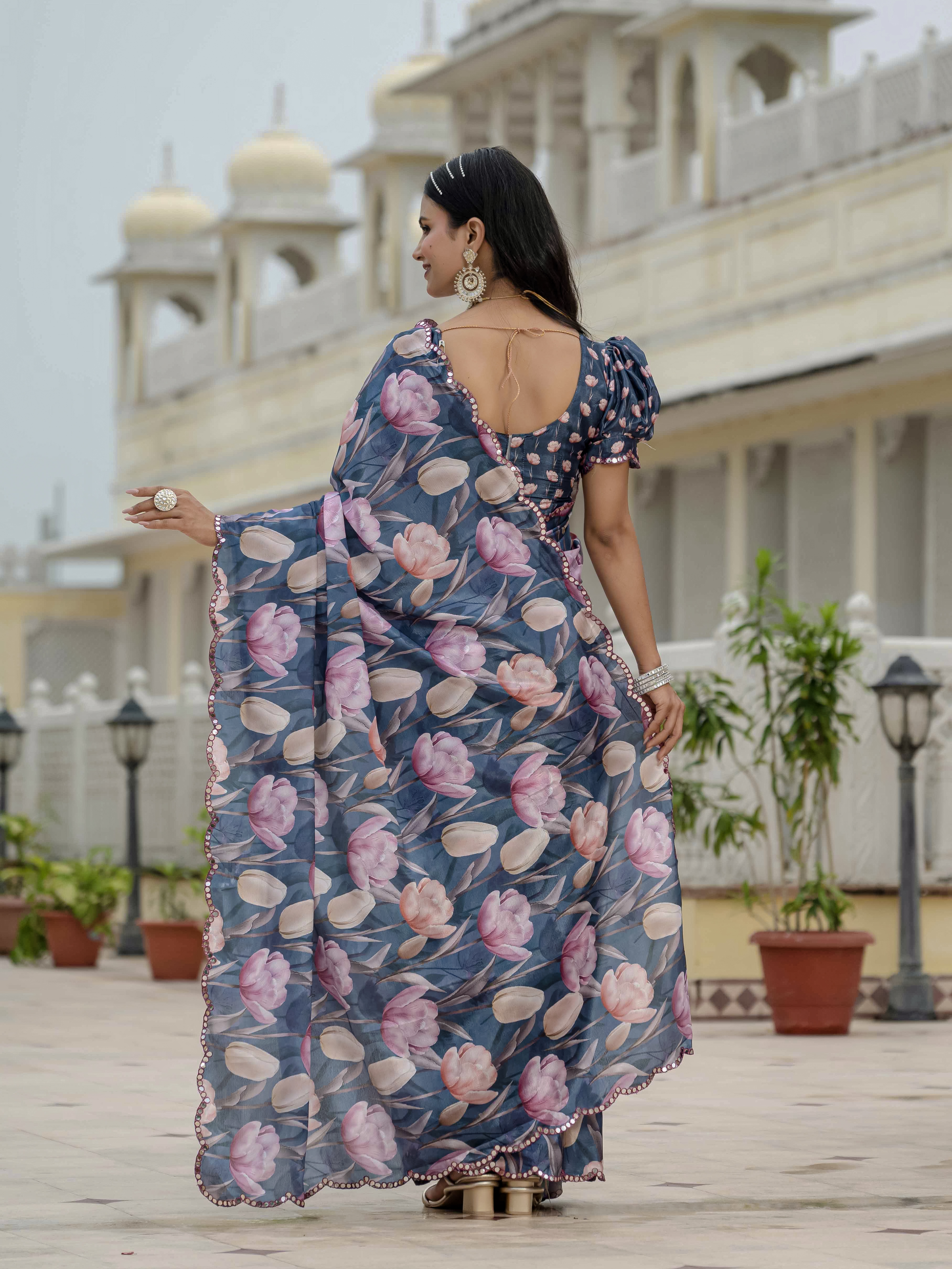 Midnight Blue Floral Heavy Chinnon Ready to Wear Saree