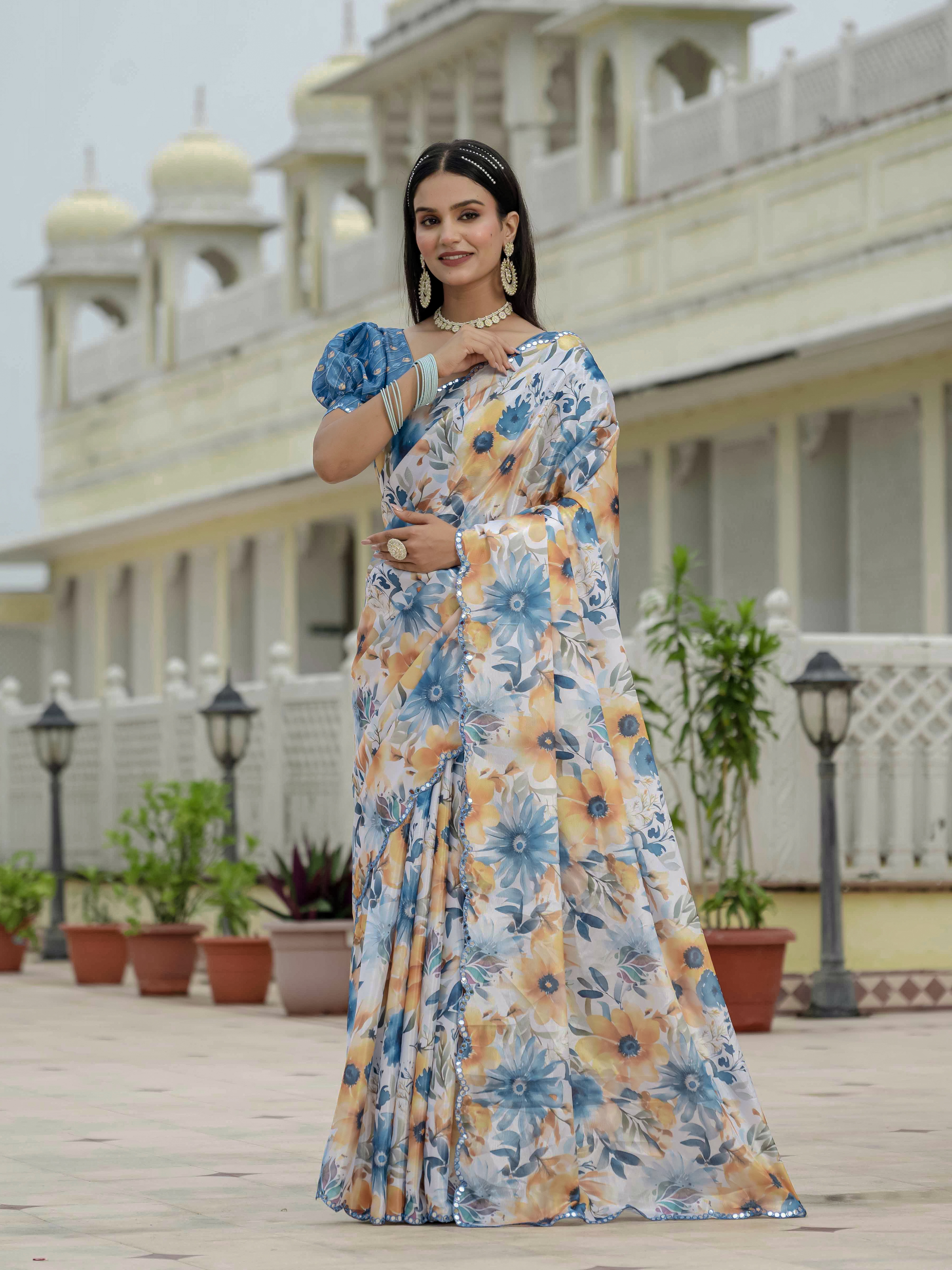 Blue Floral Print Ready To Wear Chinnon Saree With Blouse