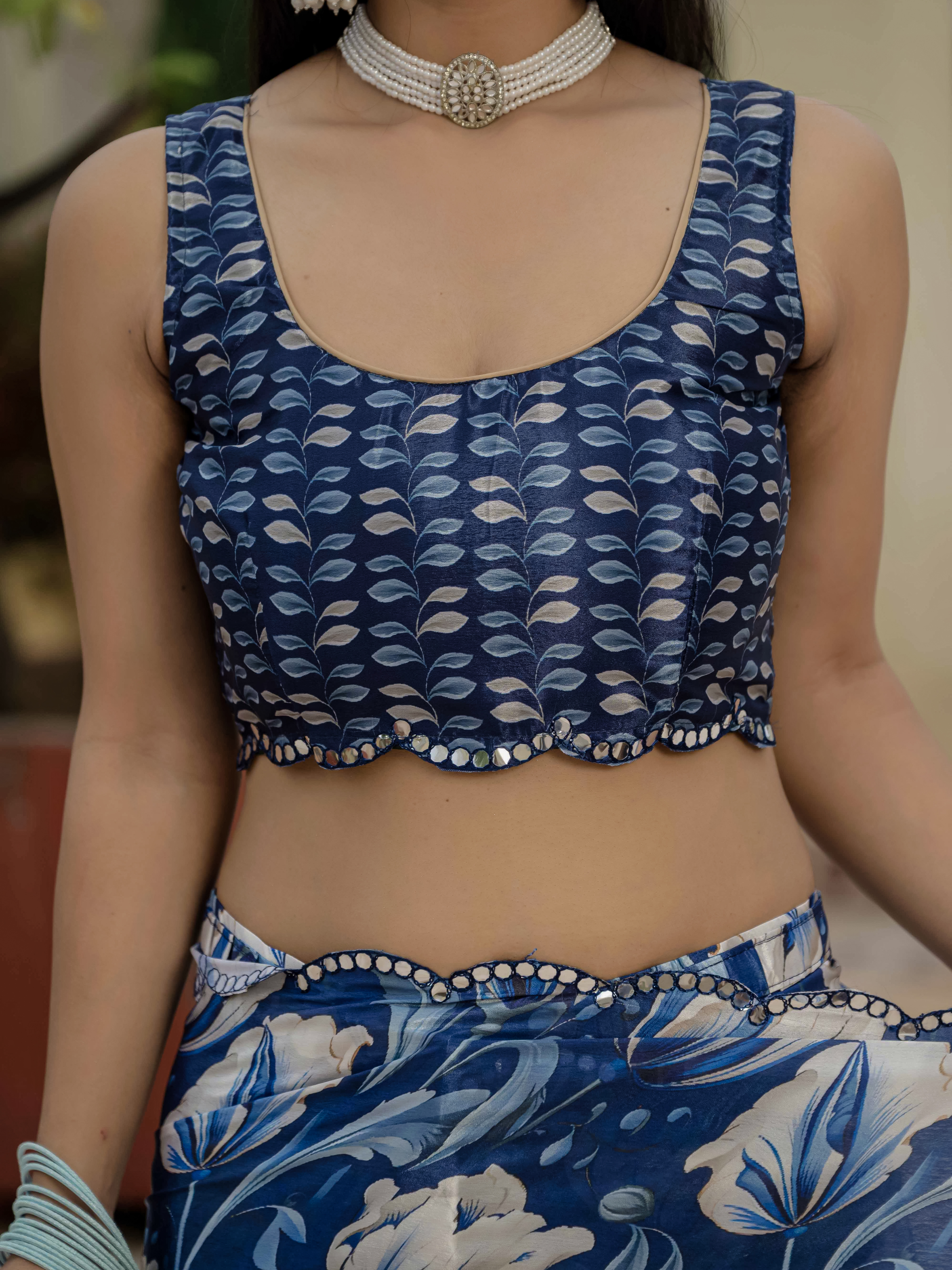 Royal Blue Floral Chinnon Ready Made Saree With Blouse