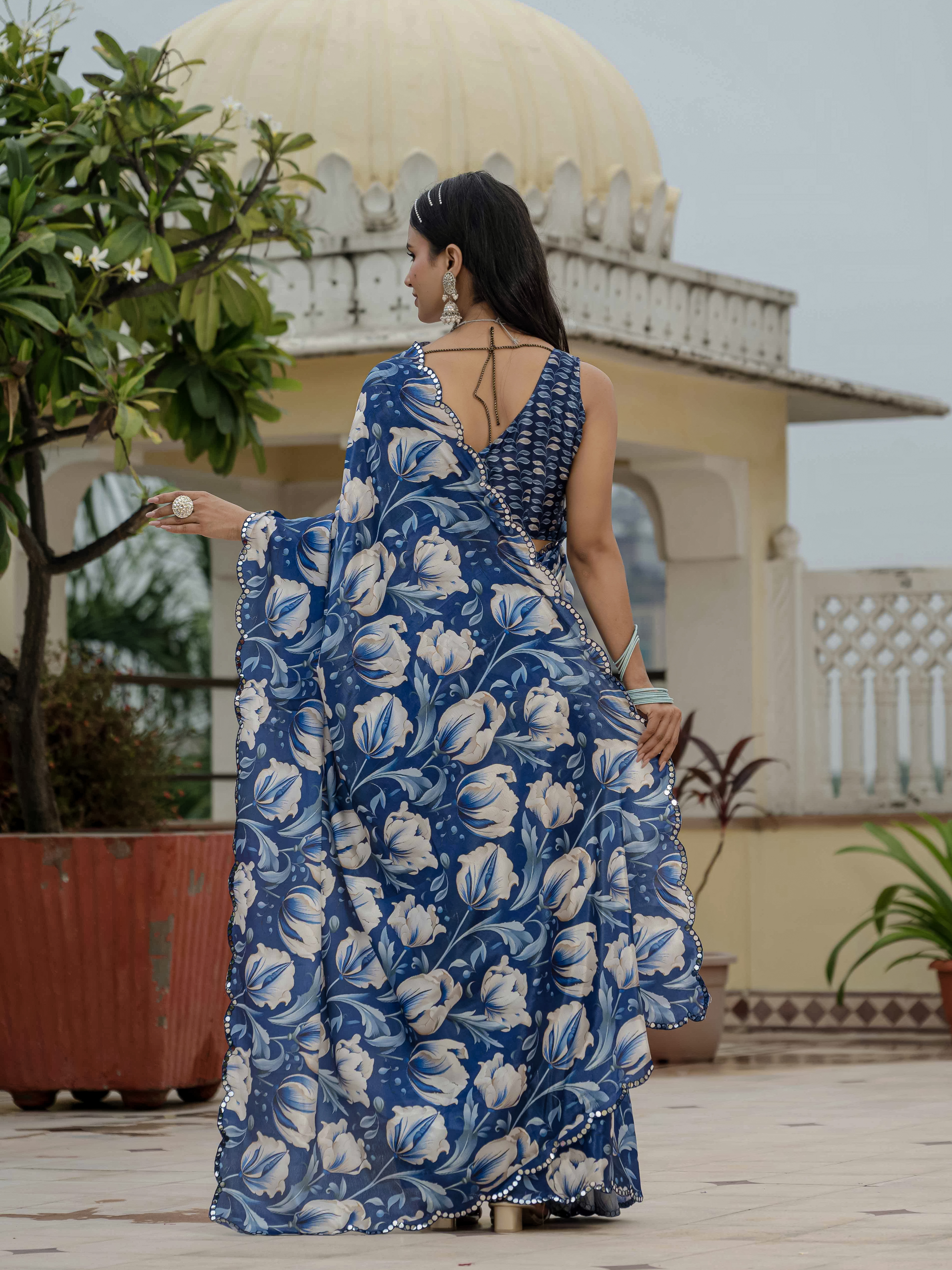 Royal Blue Floral Chinnon Ready Made Saree With Blouse