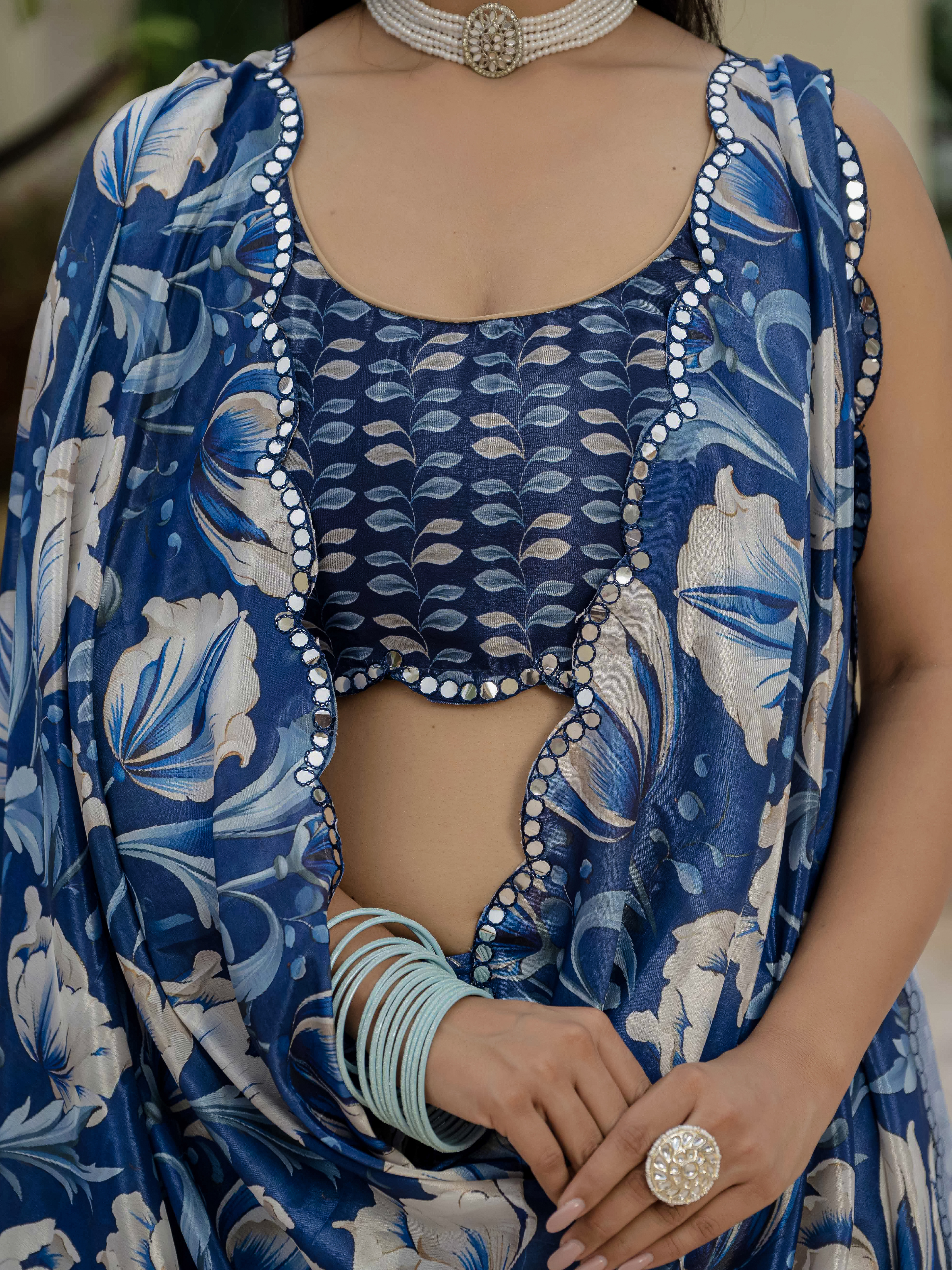 Royal Blue Floral Chinnon Ready Made Saree With Blouse