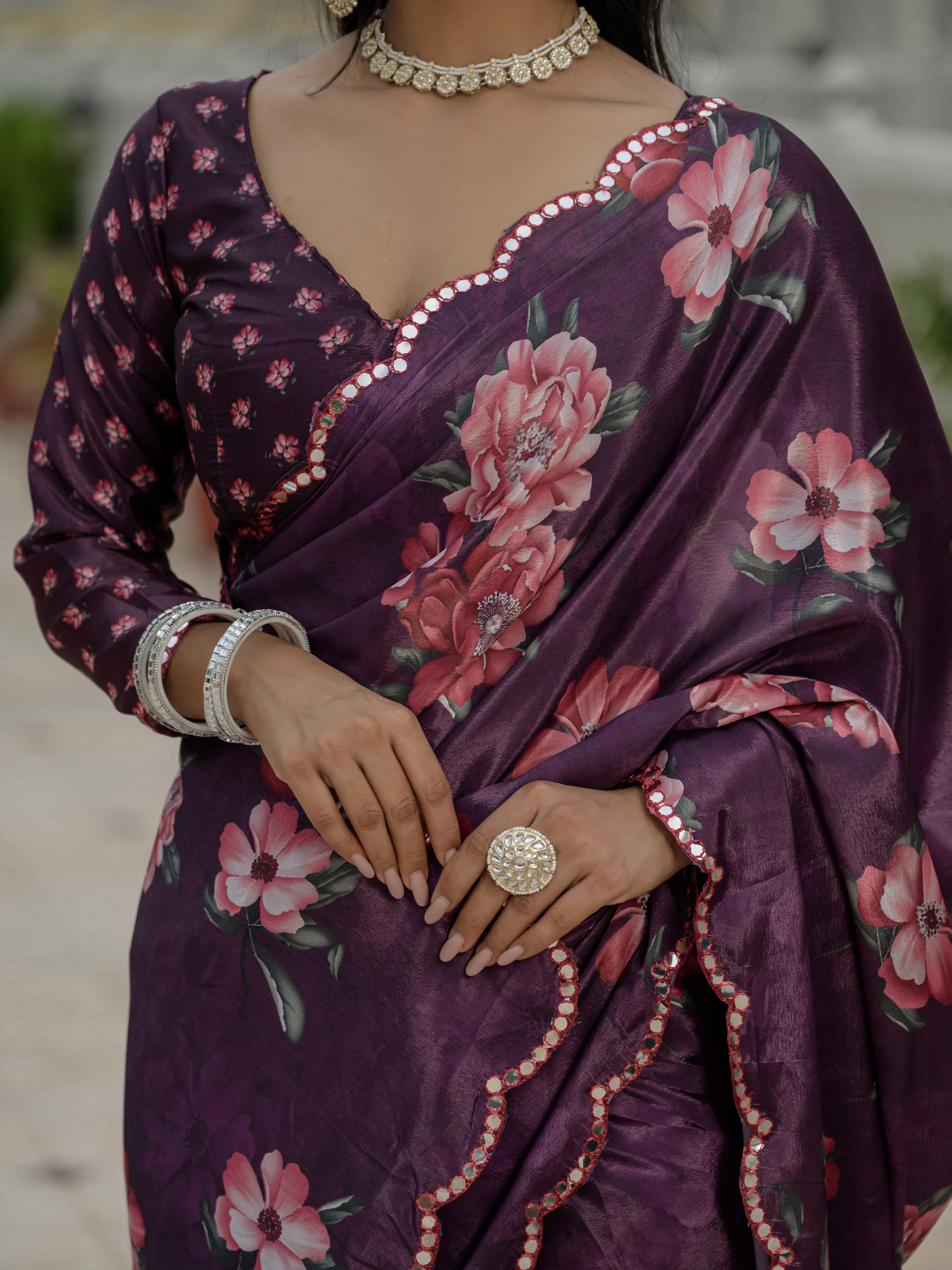 Plum Floral Chinnon Ready To Wear Saree With Blouse Varnavi
