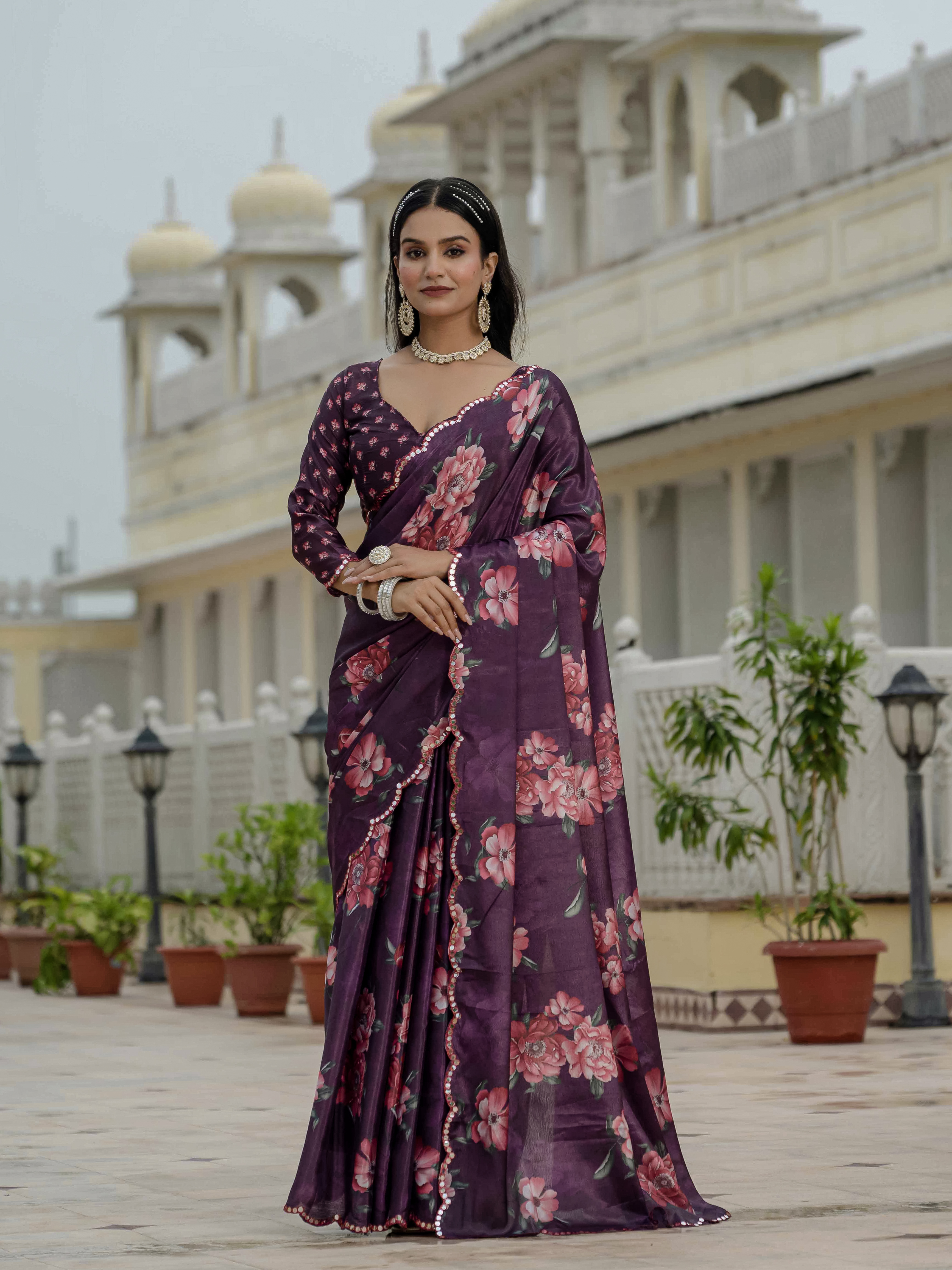 Plum Floral Chinnon Ready To Wear Saree With Blouse Varnavi