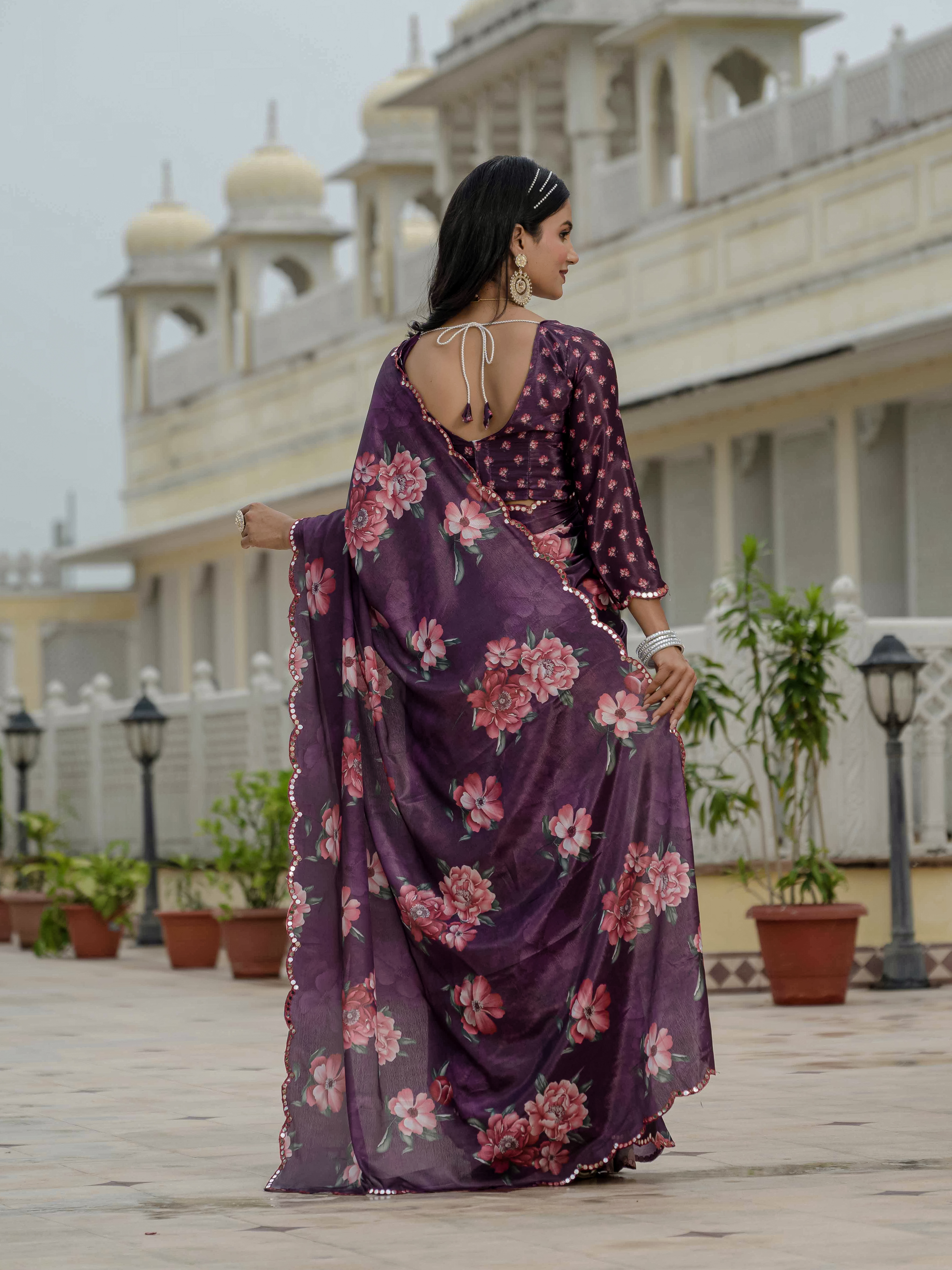 Plum Floral Chinnon Ready To Wear Saree With Blouse Varnavi