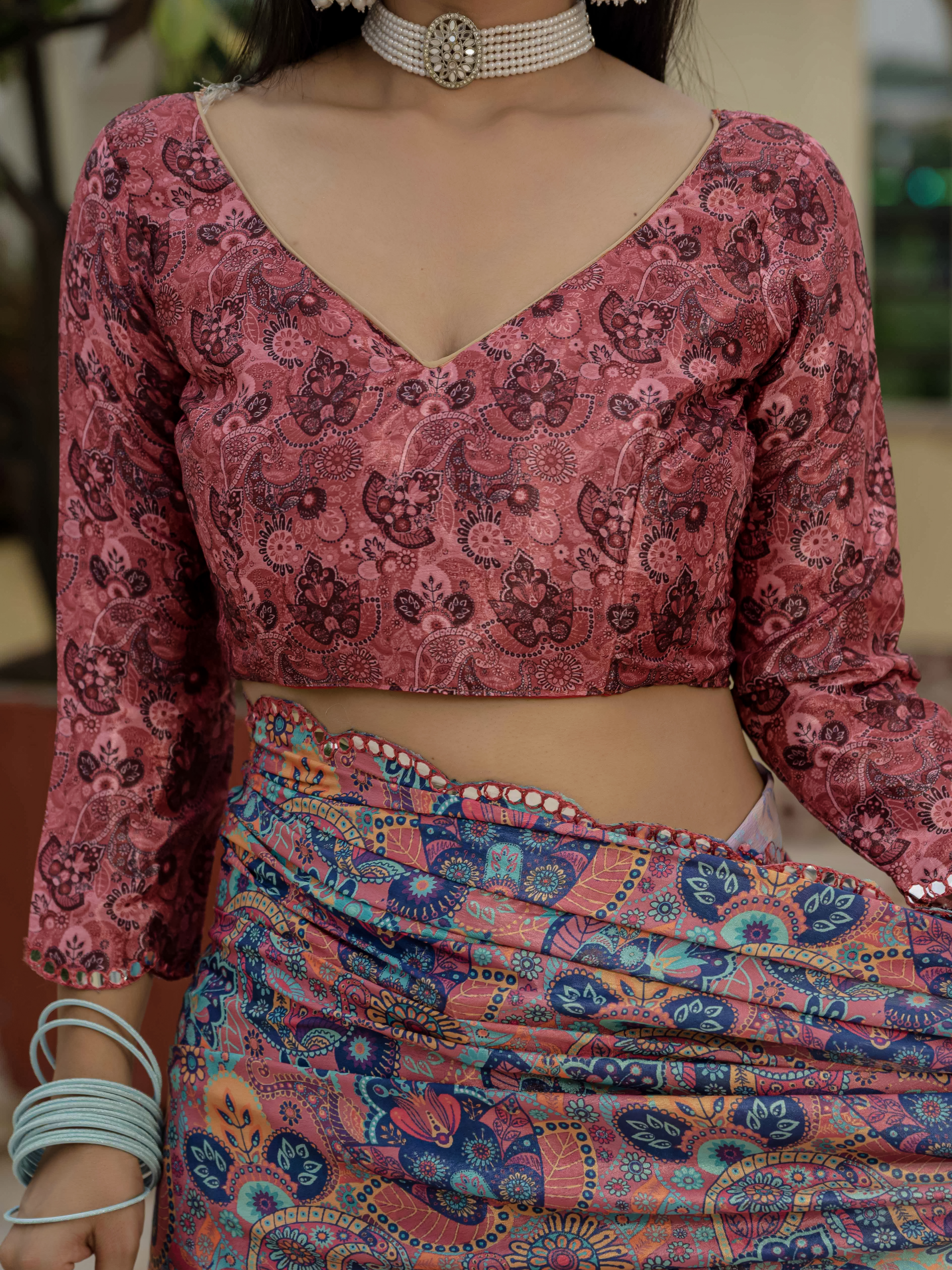 Coral Floral Paisley Chinnon Ready To Wear Saree by Varnavi