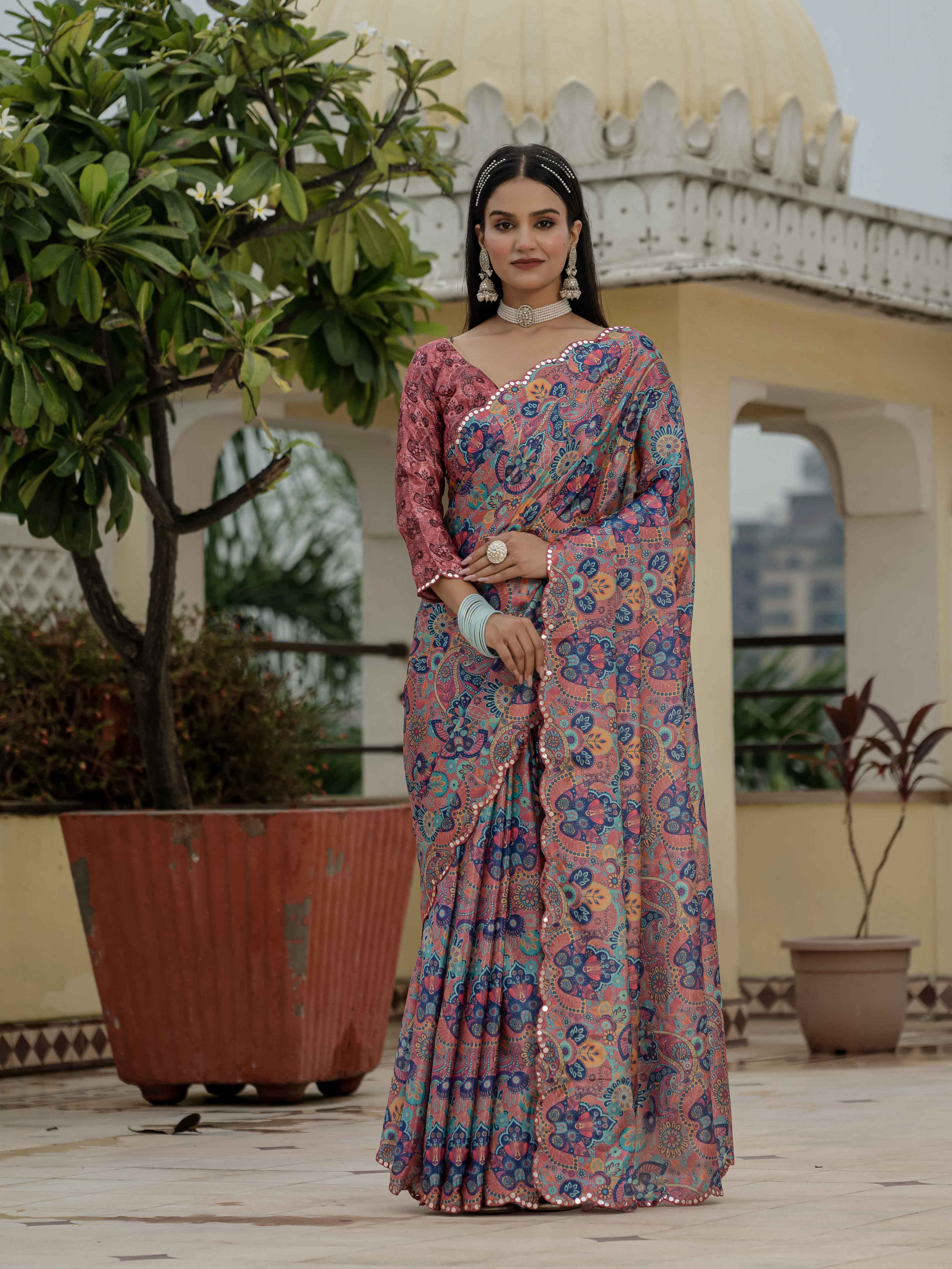 Coral Floral Paisley Chinnon Ready To Wear Saree by Varnavi