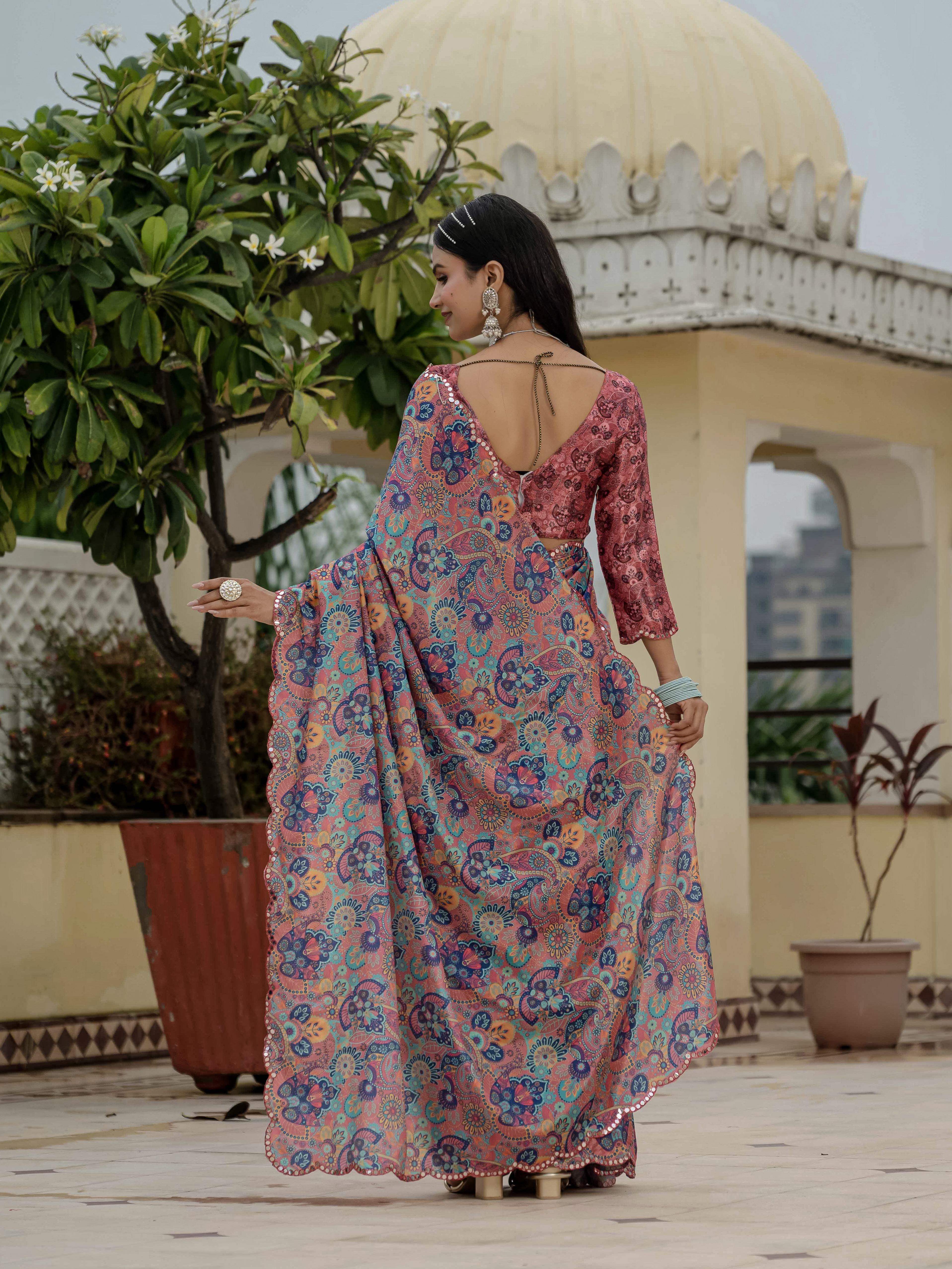 Coral Floral Paisley Chinnon Ready To Wear Saree by Varnavi