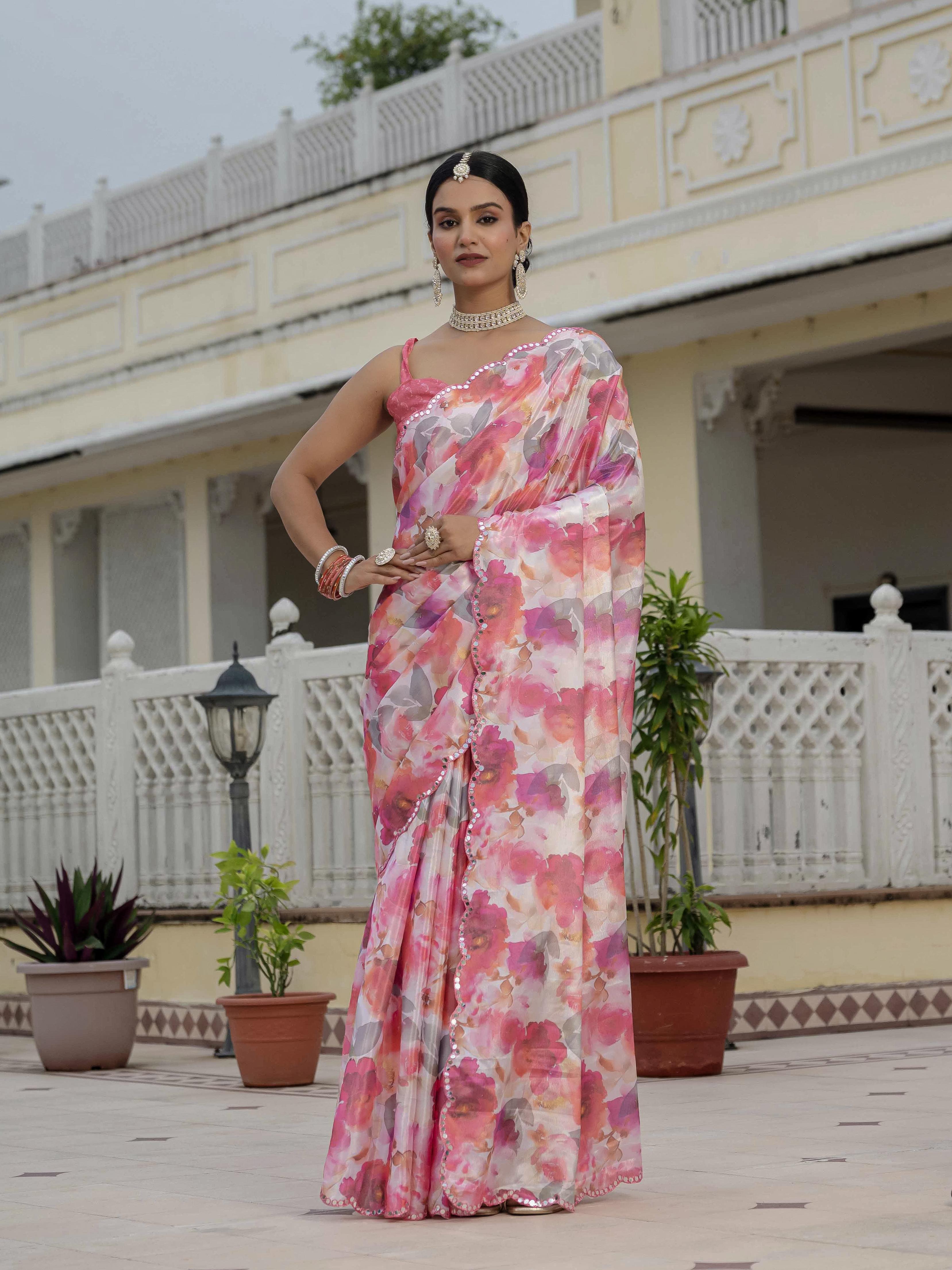 Pink Floral Chinnon Ready To Wear Saree With Lace | Varnavi