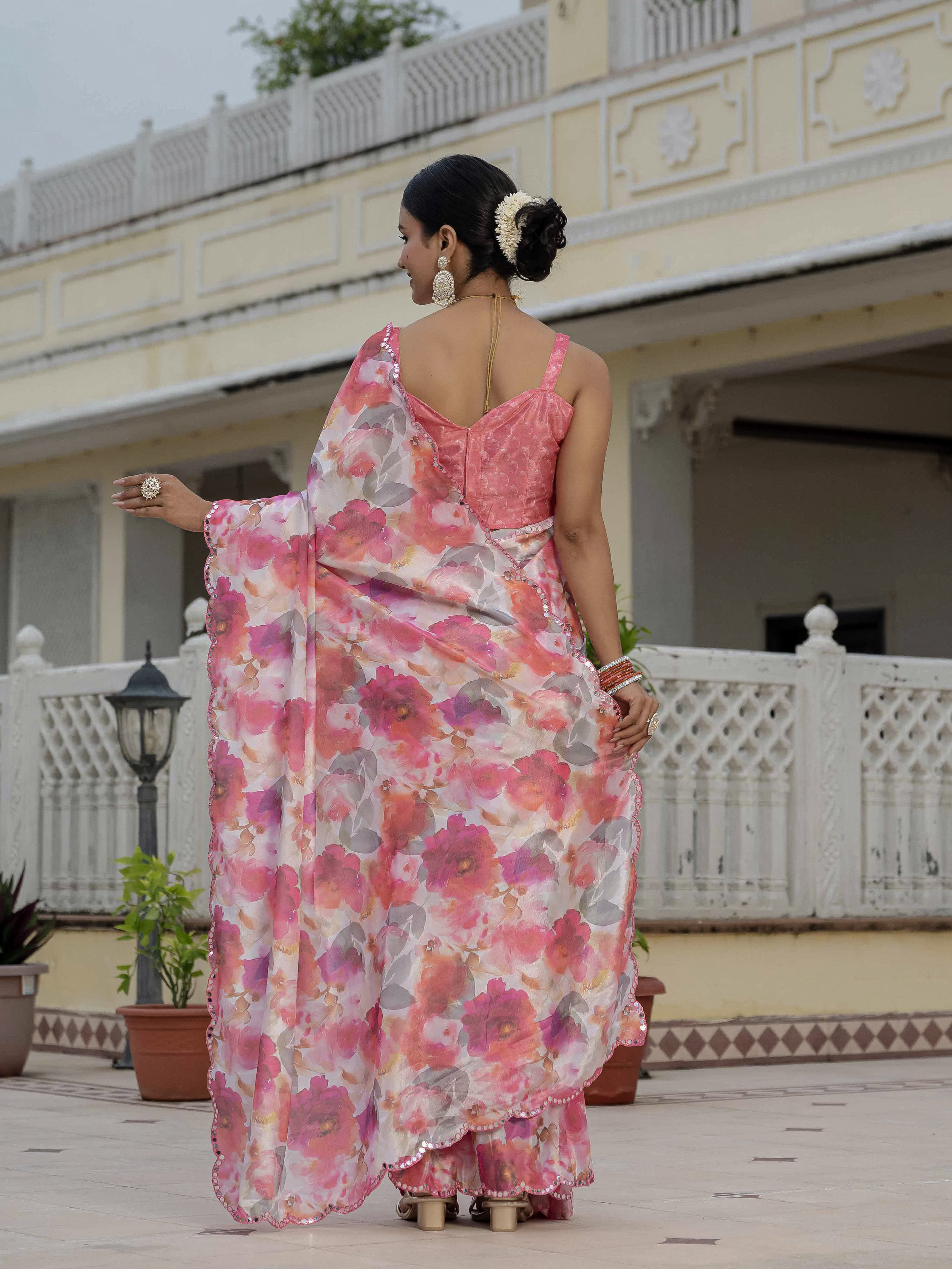 Pink Floral Chinnon Ready To Wear Saree With Lace | Varnavi