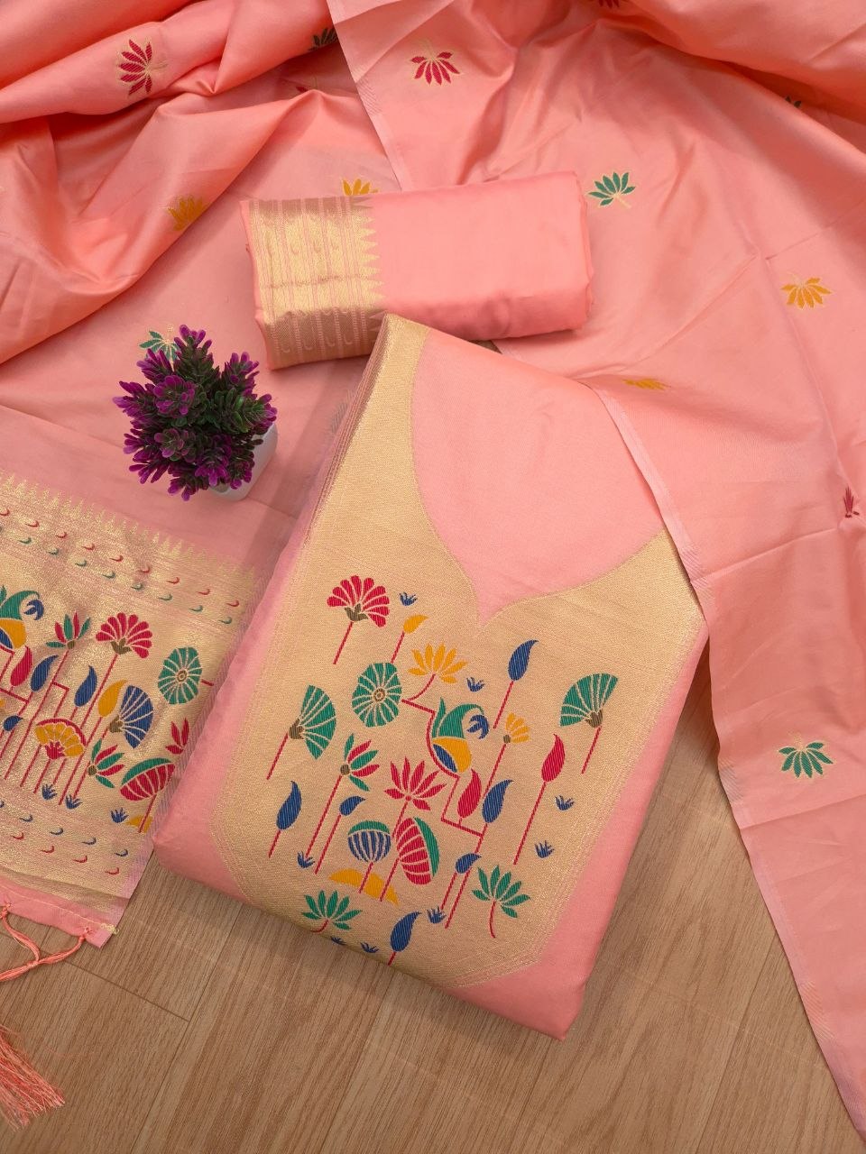 Peach Paithani Style Zari Weave Unstitched Suit