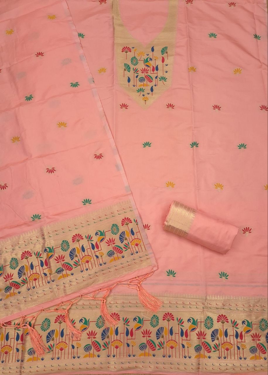 Peach Paithani Style Zari Weave Unstitched Suit