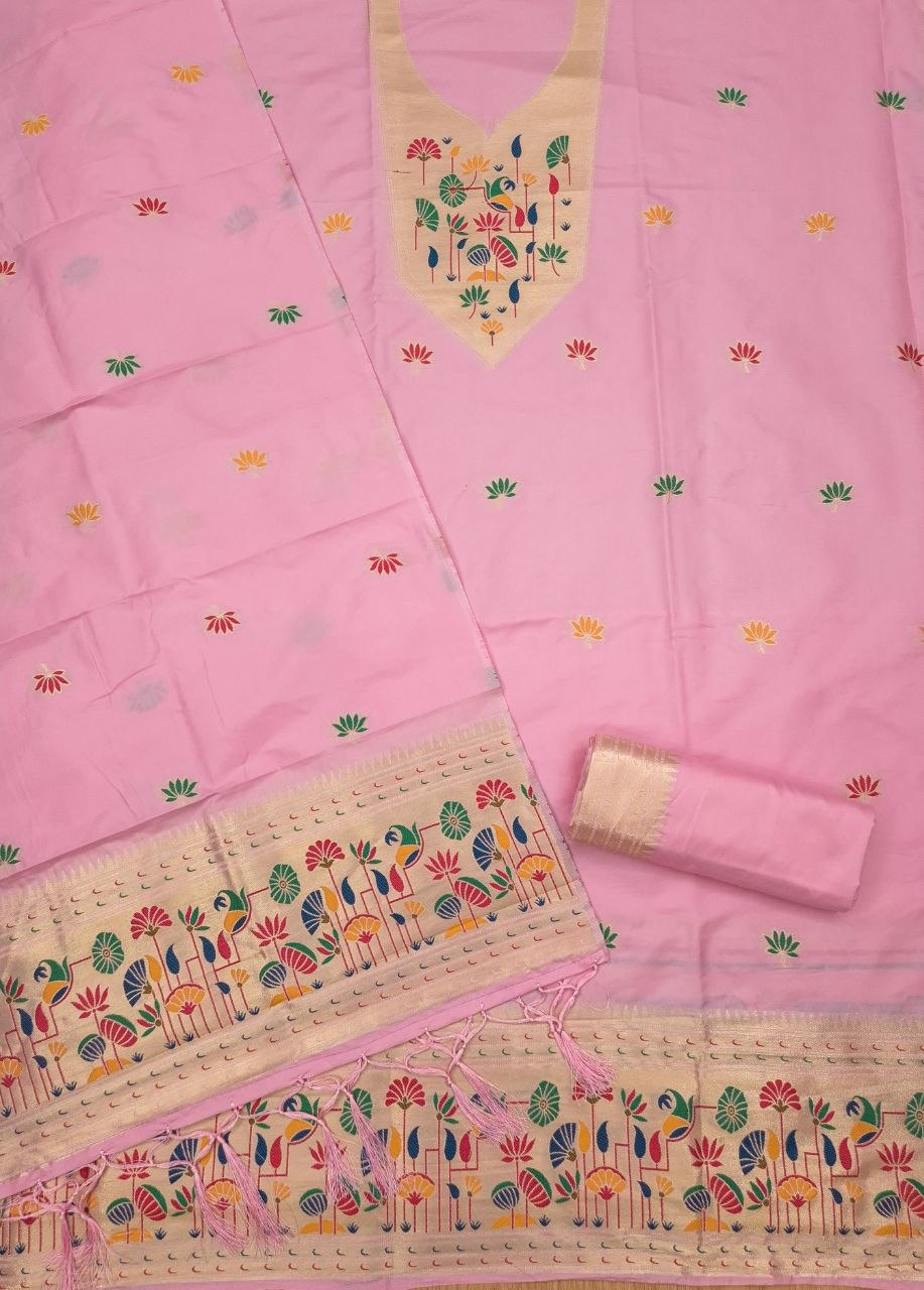 Pink Paithani Style Zari Motif Unstitched Suit Material