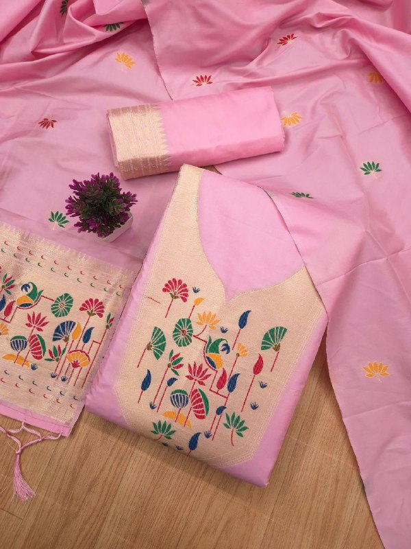 Pink Paithani Style Zari Motif Unstitched Suit Material