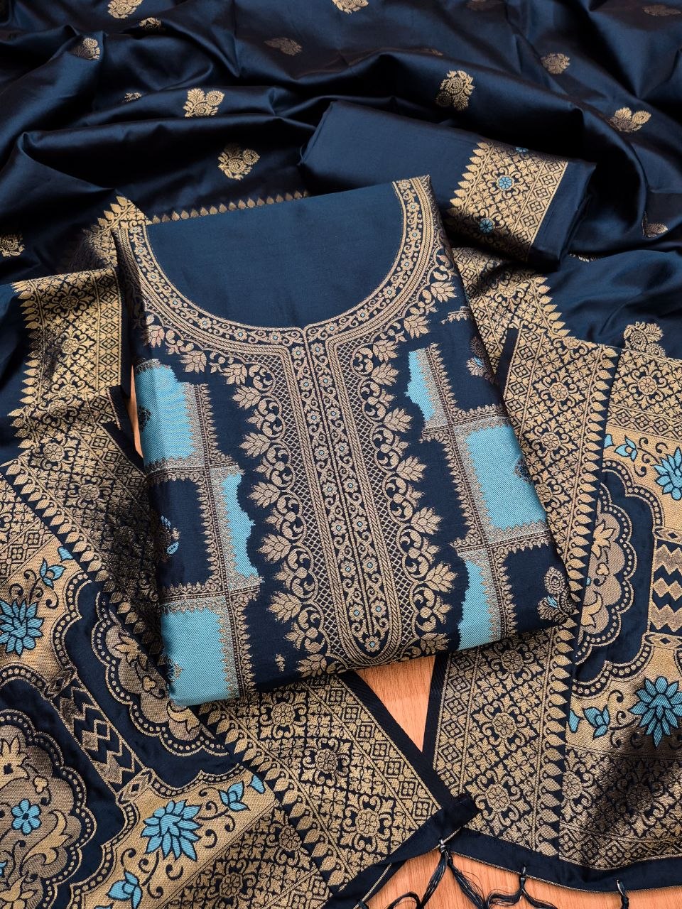 Navy Blue Paithani Style Zari Woven Unstitched Suit
