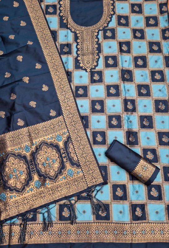 Navy Blue Paithani Style Zari Woven Unstitched Suit