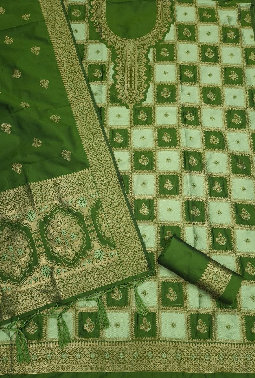 Green Paithani Style Zari Woven Unstitched Suit Material