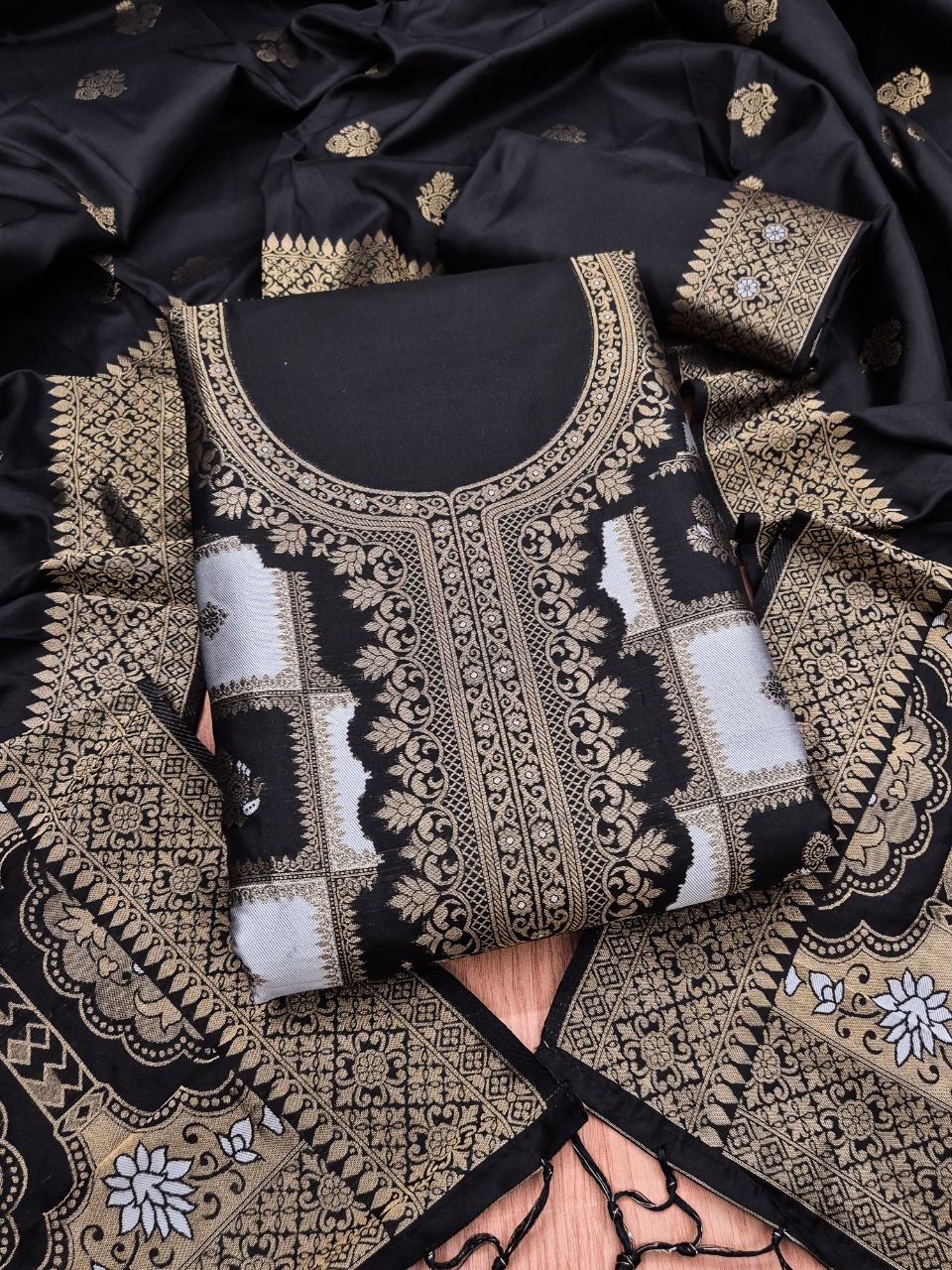 Black Paithani Style Zari Woven Unstitched Suit Material