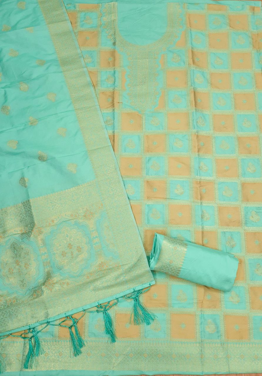 Mint Green Paithani Style Zari Woven Unstitched Suit Material