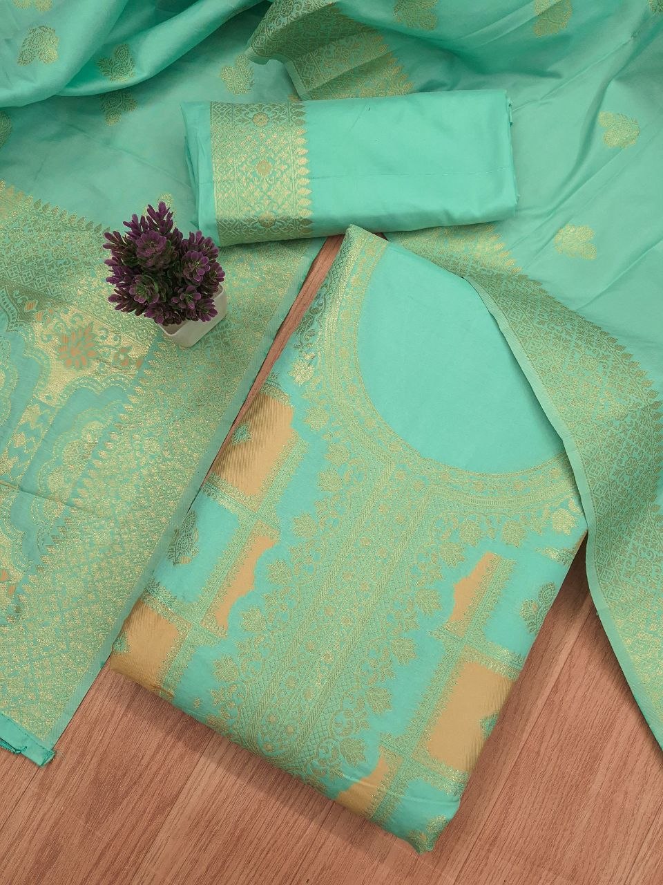 Mint Green Paithani Style Zari Woven Unstitched Suit Material